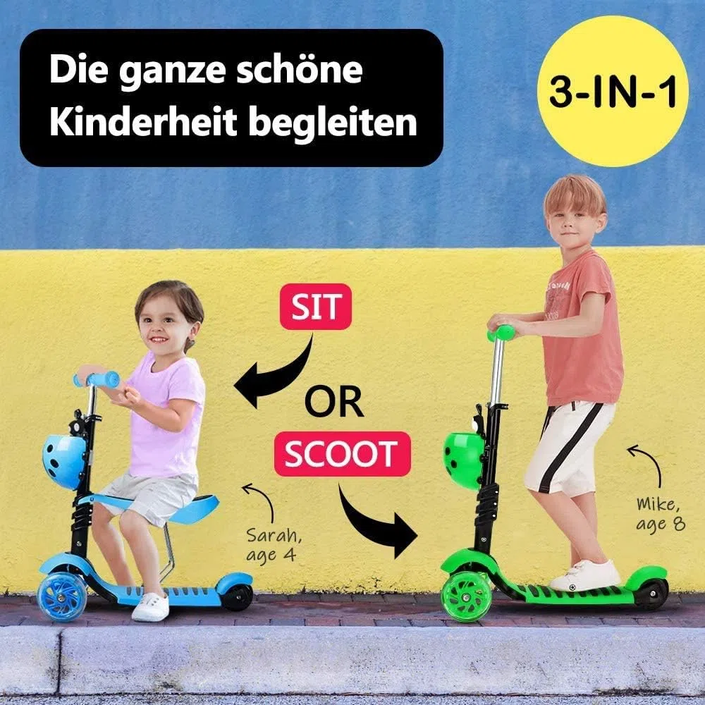 YOLEO 5-in-1 Kinder Roller Scooter mit Abnehmbarer Karikaturkorb Sitz Schubstange Große Räder Bequeme Rückenlehne Höheverstellbare Lenker für Kleinkinder Jungen Mädchen ab 2 Jahre (Blau)