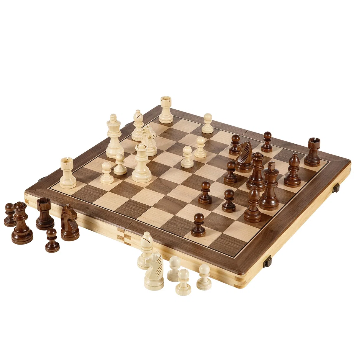 Schachspiel 38x38 cm Magnetisch Holz, Schachbrett Holz, 2-in-1 Schach & Dame, Reiseschach für Erwachsene und Kinder, Klappbares Schachspiel