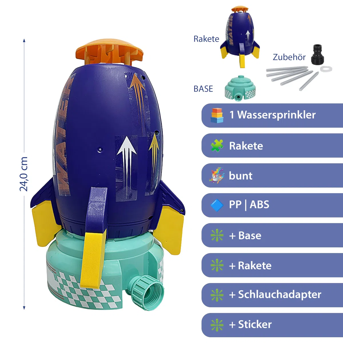 Wassersprinkler Rakete | Kunststoff 24cm Mehrfarbig | Base Schlauadapter Sticker | Kinderspielzeug Wasserfontäne Sommer | Spielgerät für den Garten