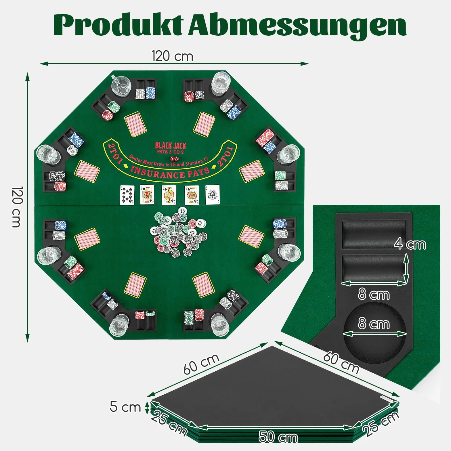COSTWAY Pokermatte 120 x 120 cm, Texas Holdem, Pokertisch-Auflage faltbar für 8 Spieler mit Getränkehaltern, Pokerteppich mit Tragetasche, Pokerauflage achteckig, Grün