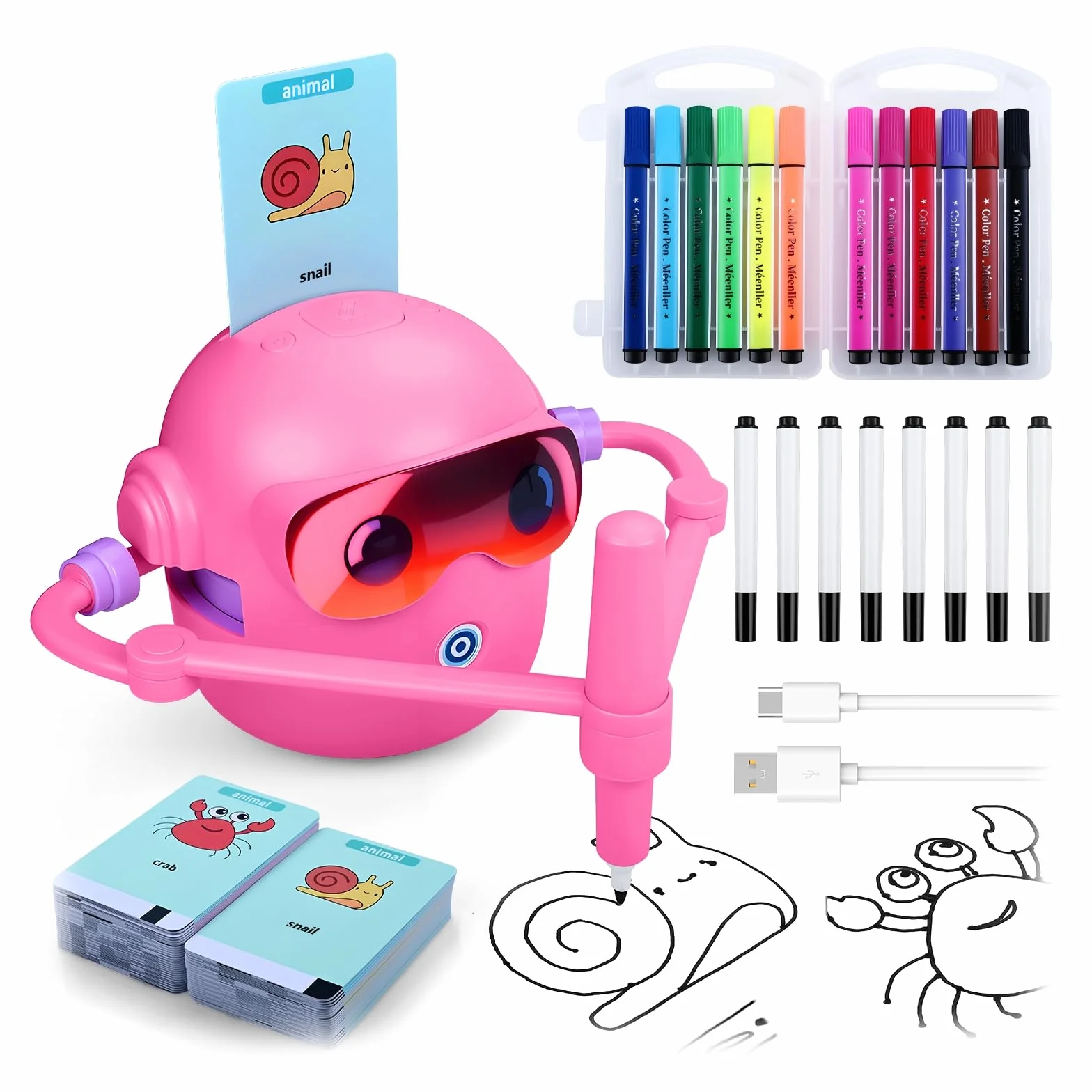 Zeichenroboter für Kinder von MMOBIEL – Malroboter Interaktives Lernspielzeug mit 100 Zeichenkarten, Sprachanleitung, 12 Farbstiften & USB-C Akku – Kreatives Geschenk für Kinder von 3–9 Jahren – Rosa