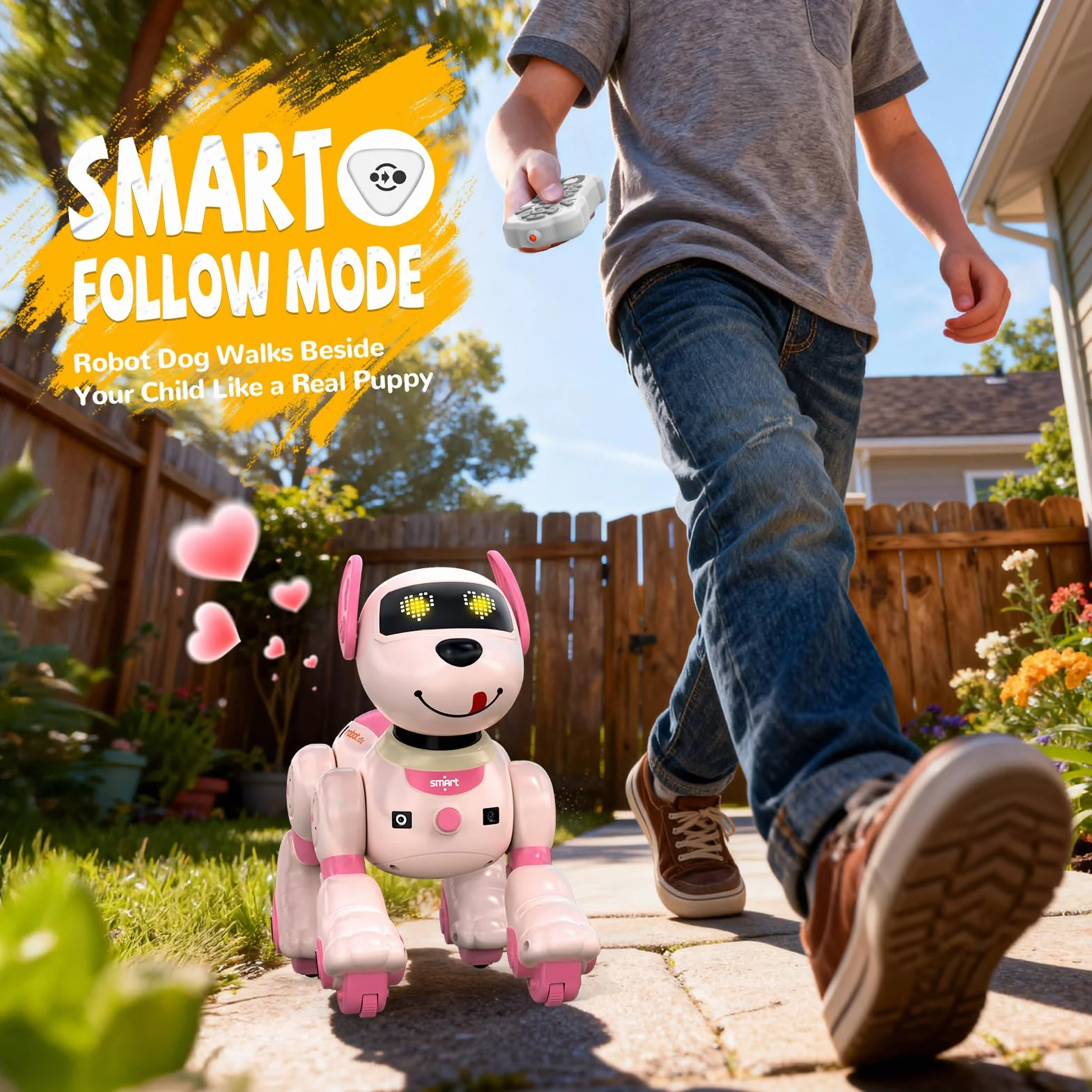 anysun Roboter Hund, Roboterhund Wiederaufladbar, Programmierbares Roboter-Spielzeug mit Follow-Funktion, Sprachbefehle, Fernbedienung, Berührungssensor, Kinder (Rosa)