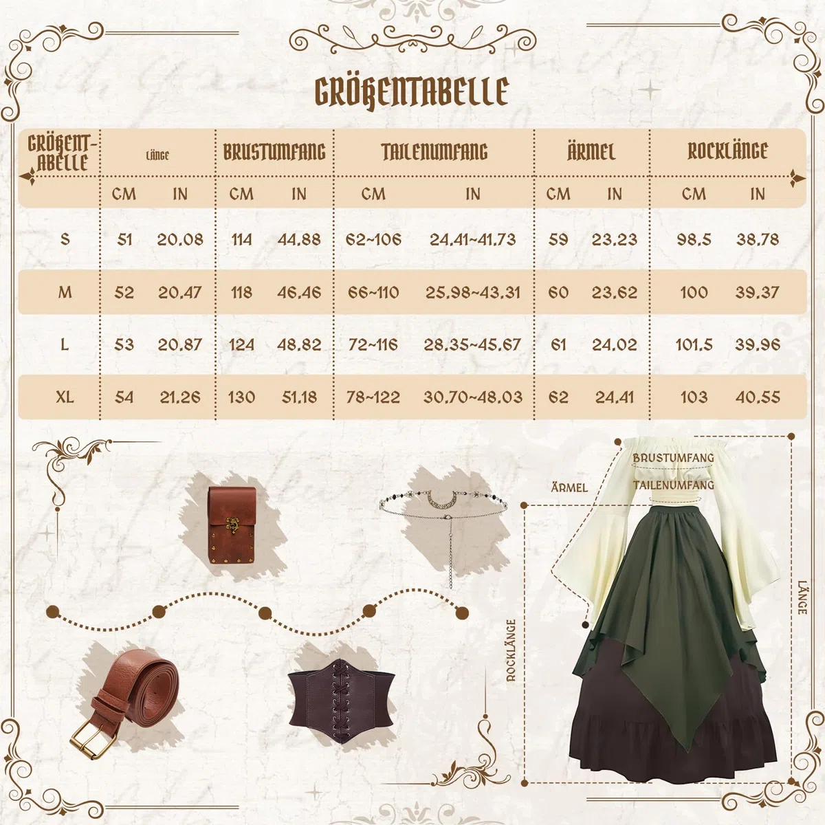 Mittelalter Kleidung Damen, Renaissance Kleid Damen und Off Shoulder Bluse mit Corsett, Gürteltasche, Kopfschmuck, Gürtel, Viktorianisches Kostüm für Halloween Karneval