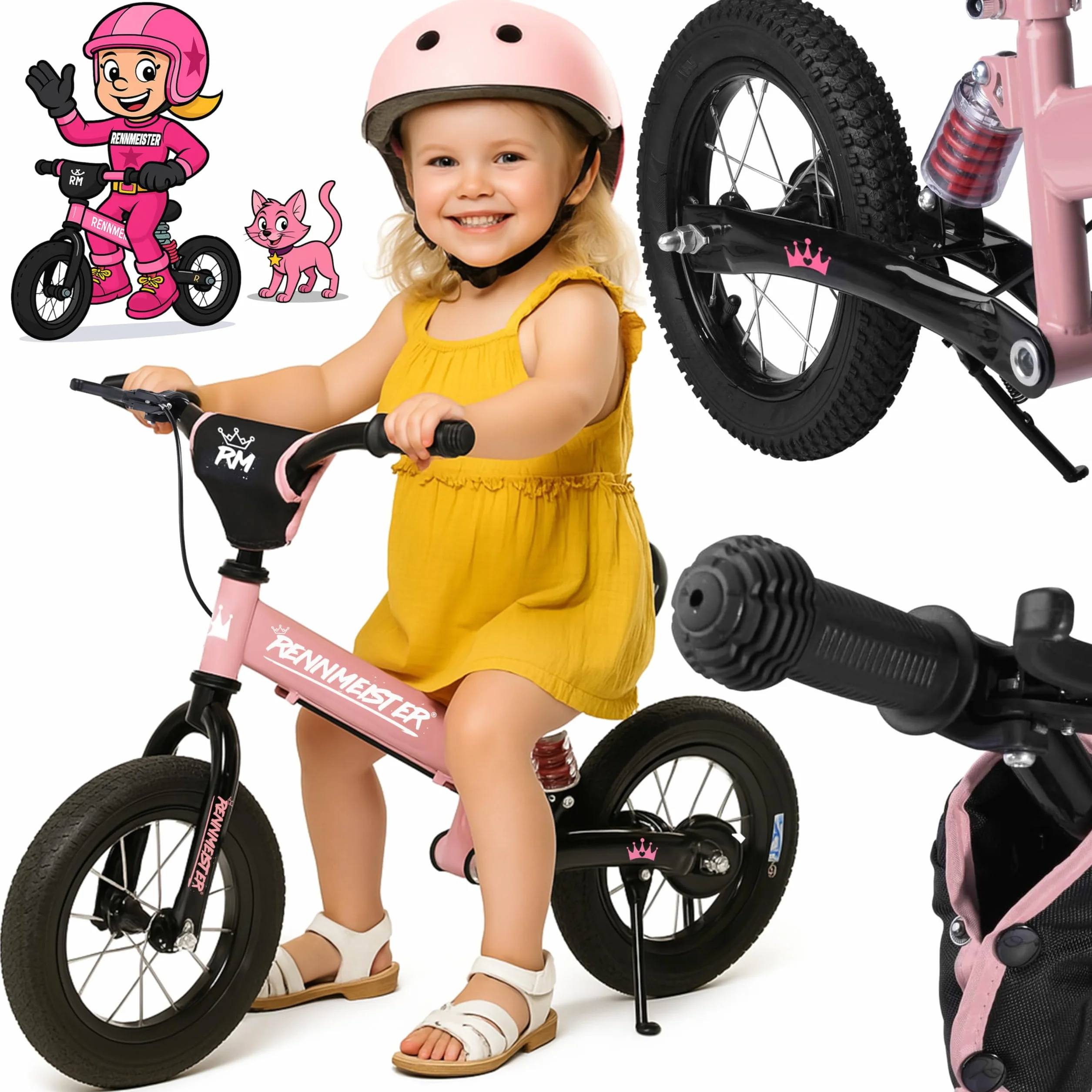 Laufrad ab 3 Jahren mit Bremse Balance Bike Kinder bis 50kg Lenker & Sattel Höhenverstellbar Lauflernrad Luftreifen Fahrradständer Federung Mädchen Rosa
