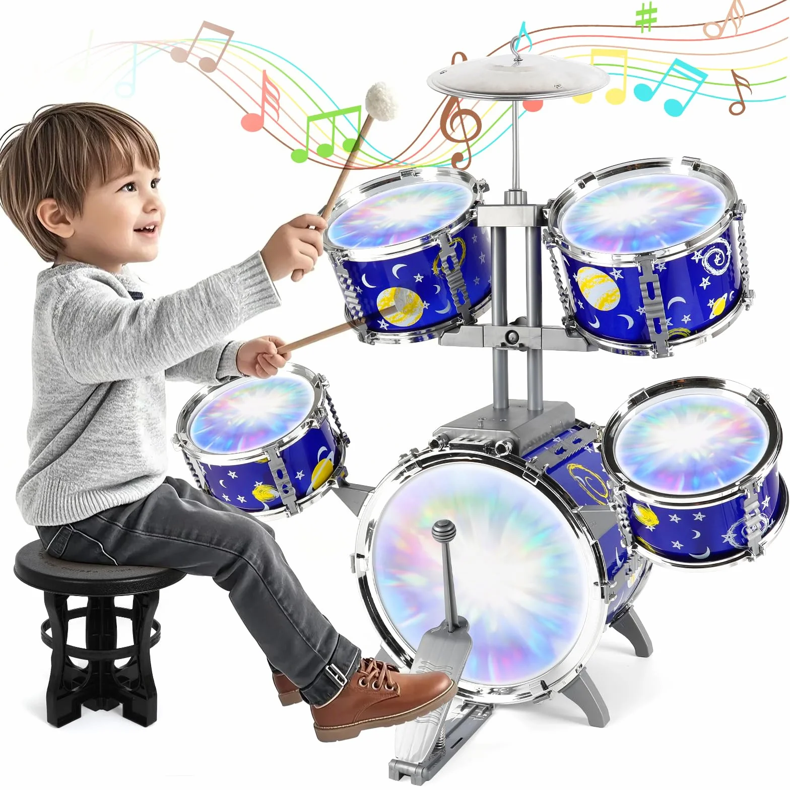 Schlagzeug Kinder mit Lichtern, 5 Trommels Anfänger-Schlagzeug mit Hocker Percussion, Musikinstrument Lernspielzeug Spielzeug Geschenk für Kinder ab 3 4 5 6 Jahre Mädchen und Jungen