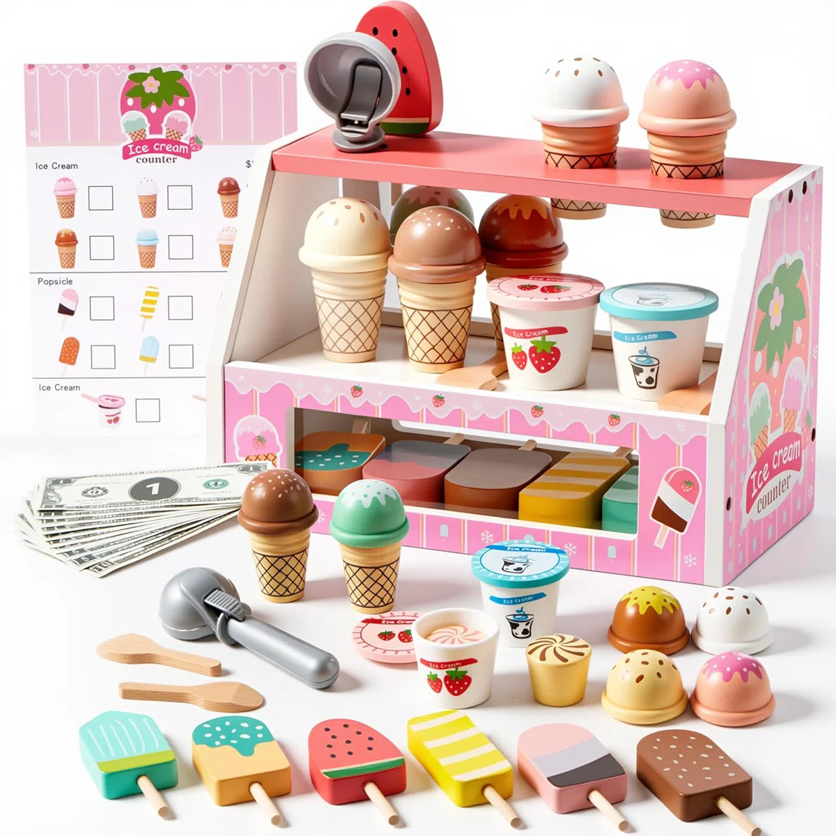 SYNCFUN 33-teiliges Holz EIS Spielset, Rollenspiel Lebensmittel & Küchenspielzeug für Kinder ab 3 4 5 Jahren, Lernspielzeug Geschenk für Jungen Mädchen