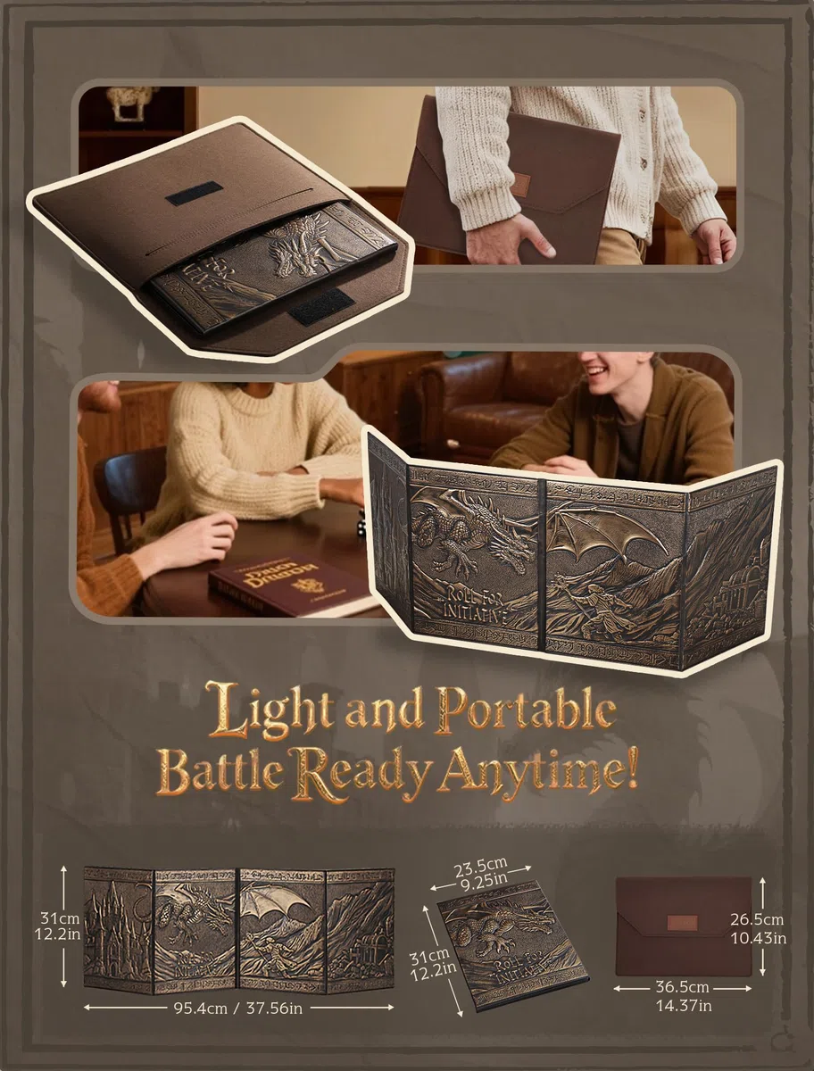 Trymaker Dm Screen, 5e DND Spielleiterschirm, Dungeons and Dragons zubehör, Kunstleder DM Sichtschirm mit Regel-Referenzkarten, Einer Aufbewahrungshülle