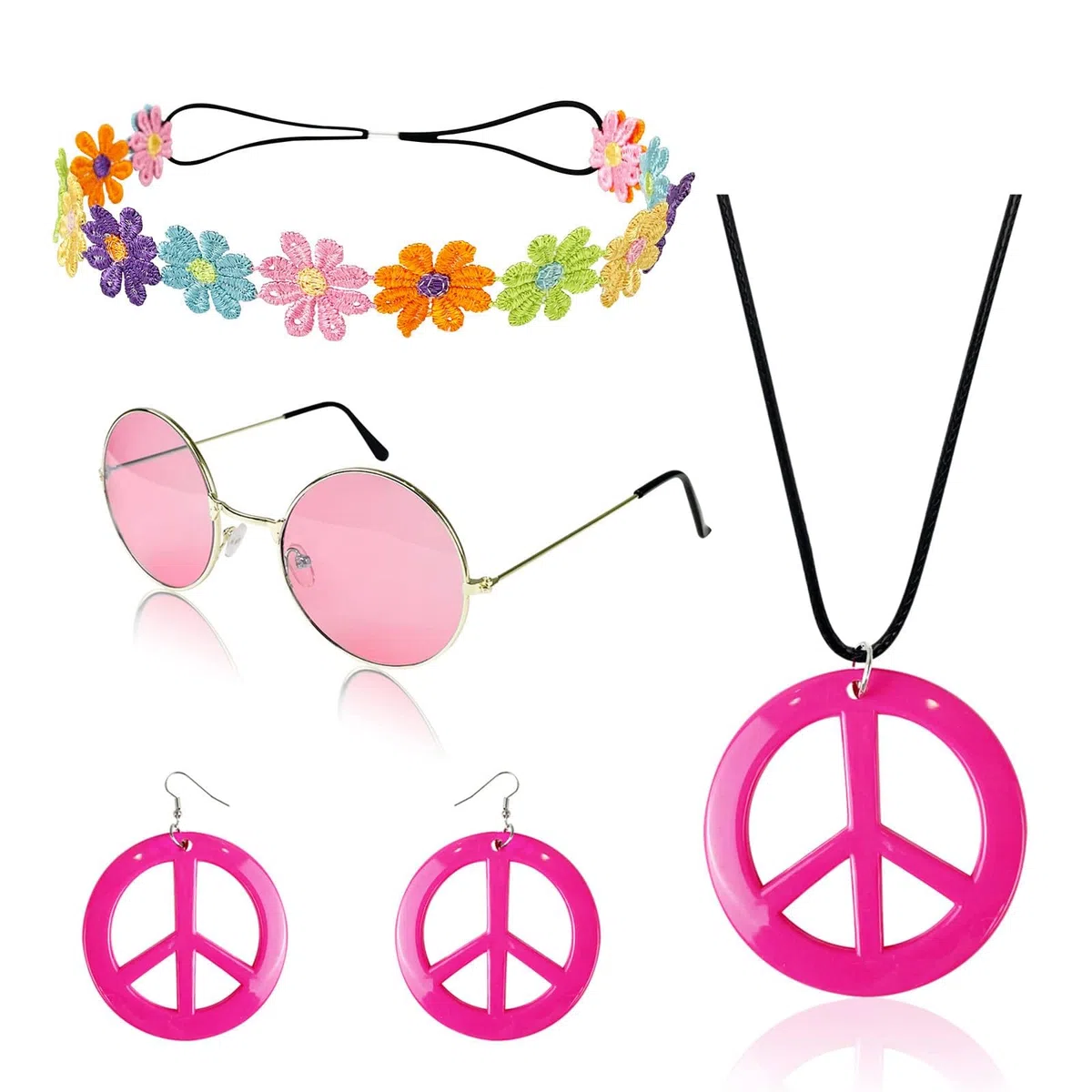 Hippie Kostüm Accessoires,4 Stück Hippie Accessoires,Hippie Kostüm Zubehör,Hippie Kostüm Set mit Sonnenbrille Friedenszeichen Halskette Ohrringe Stirnband,Hippie Schmuck für Party Fasching Karneval