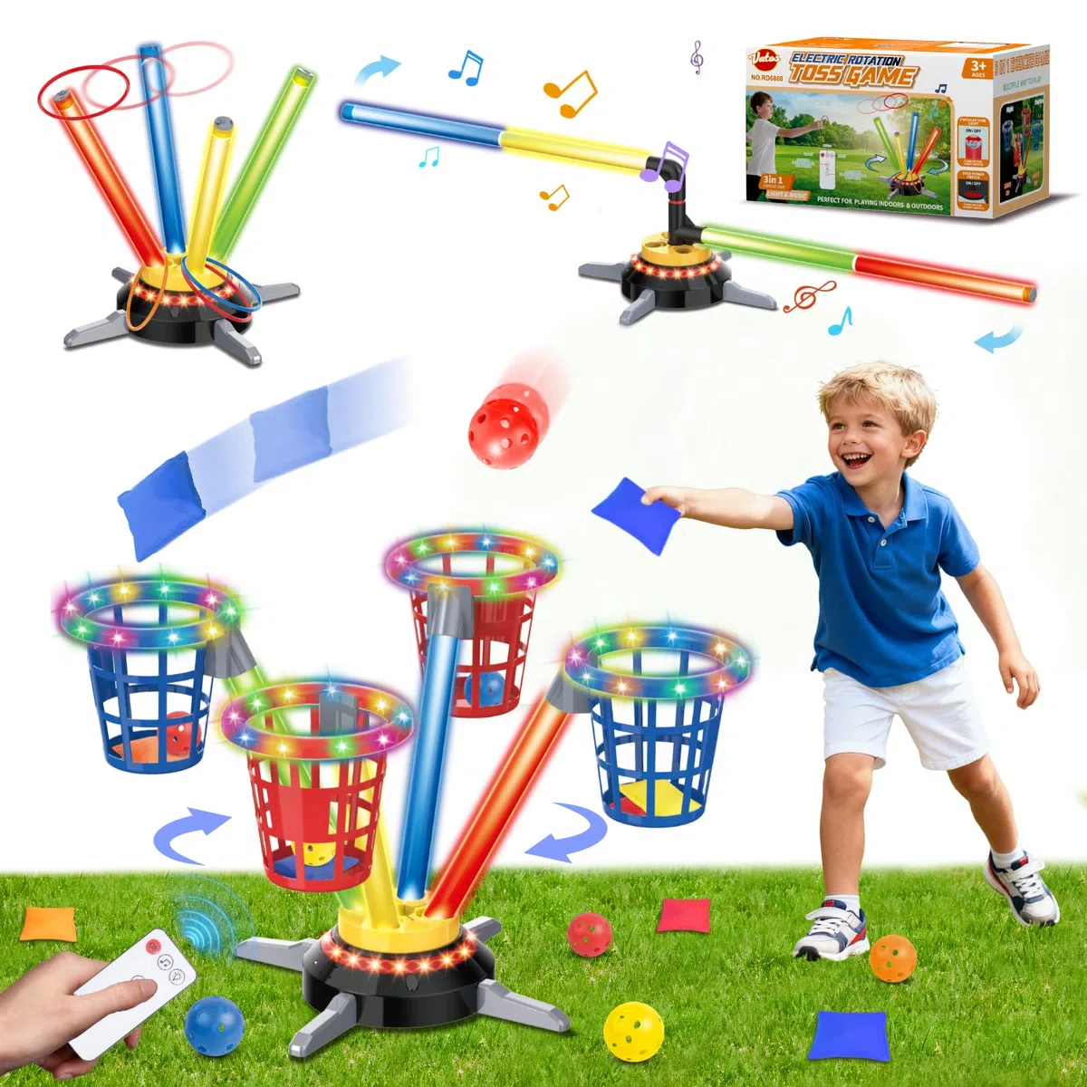 VATOS 3-in-1 Bohnensack- & Ringwurf-Spiel, Musikalische Sprünge für Kinder, Elektrische Drehbasis mit Fernbedienung, Lichter, 12 Sandsäcke, 12 Wurfringe, 12 Bälle, Indoor-Outdoor-Gartenspielzeug
