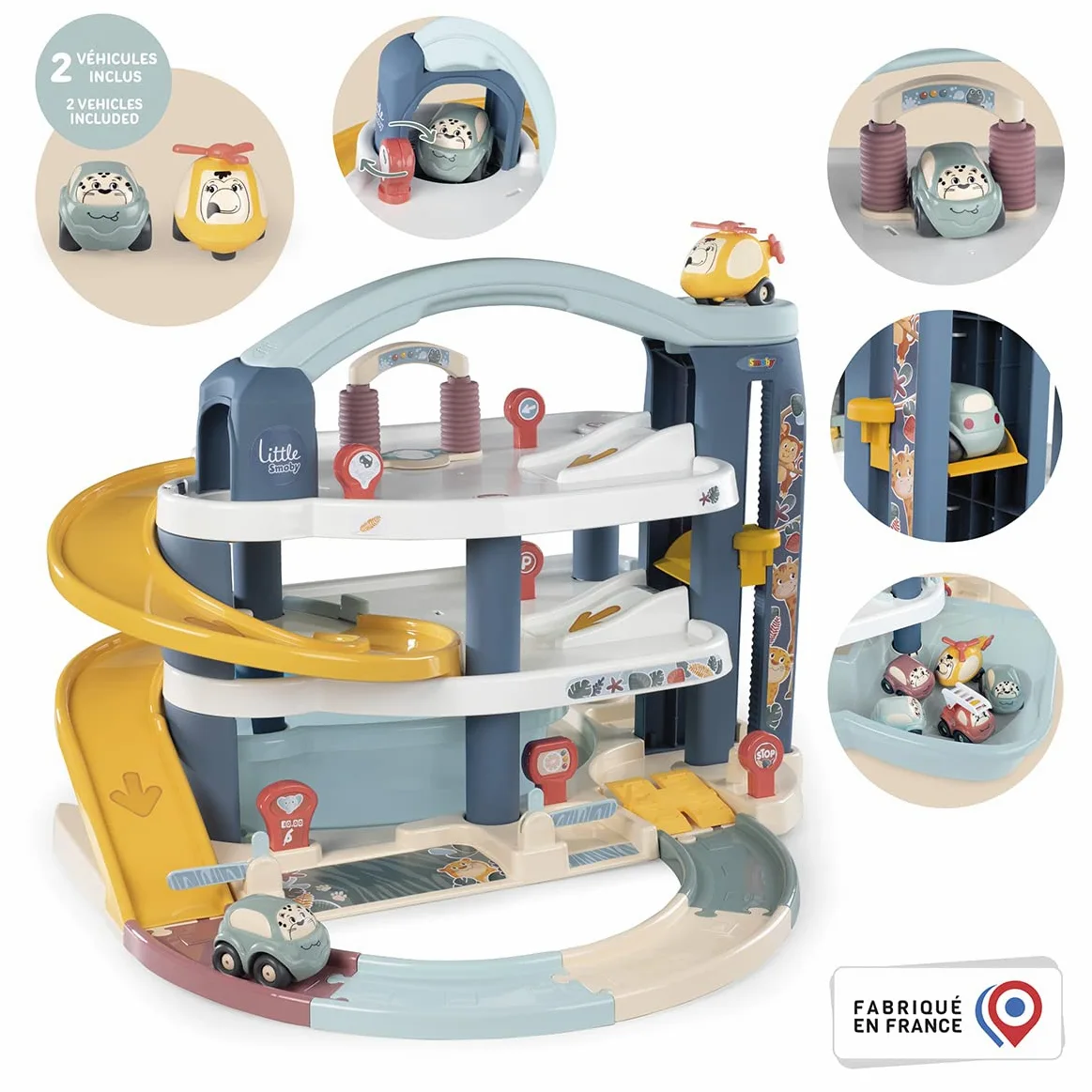 Smoby Toys - Little Smoby Parkhaus für Kinder ab 18 Monaten - große Parkgarage inkl. 1 Auto, 1 Hubschrauber, Aufzug und Zubehör