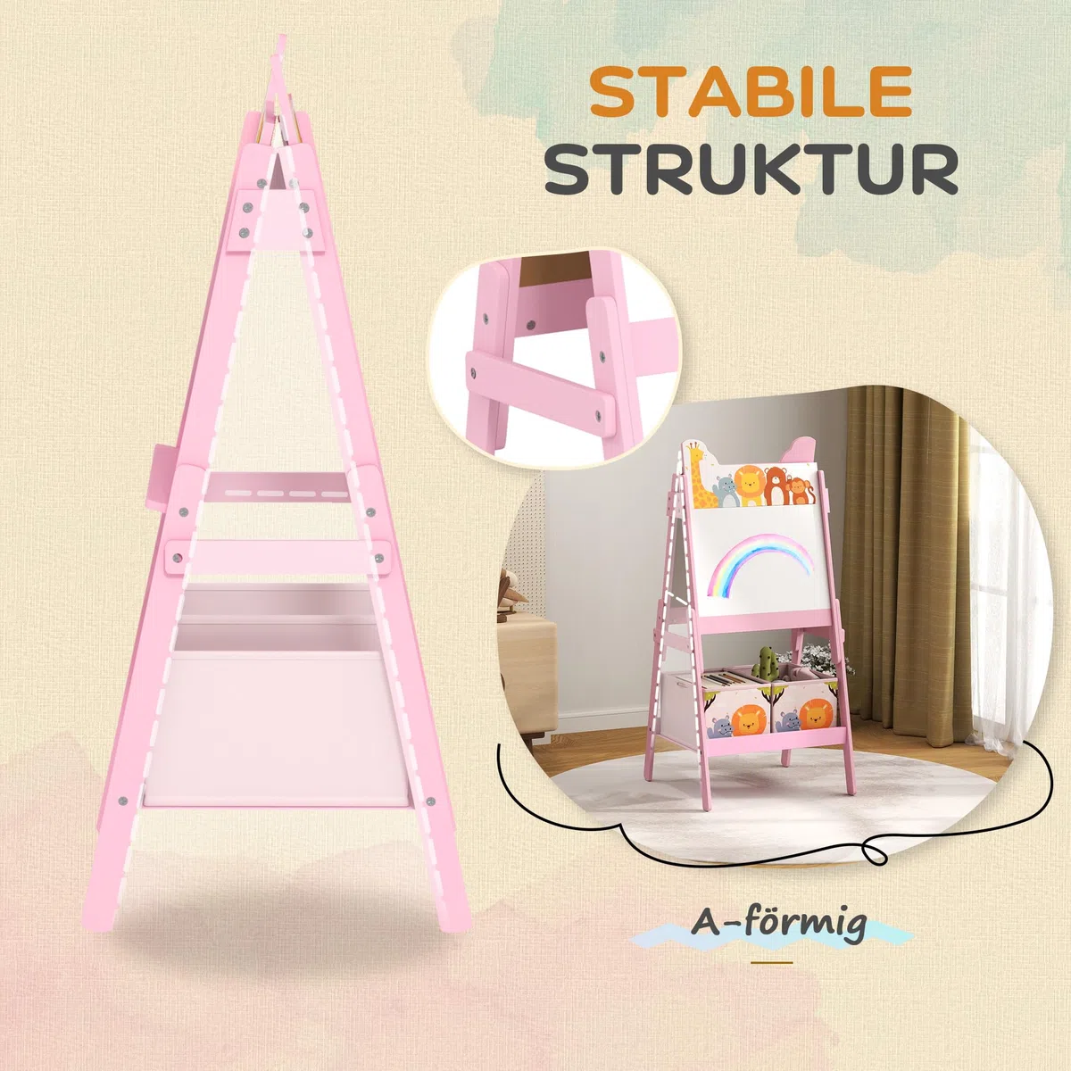 AIYAPLAY 2-in-1 Kindertafel, doppelseitige Kinder Staffelei, Staffelei mit Kreidetafel, Whiteboard, Aufbewahrungsboxen, für Kinder 3-8 Jahre, Rosa