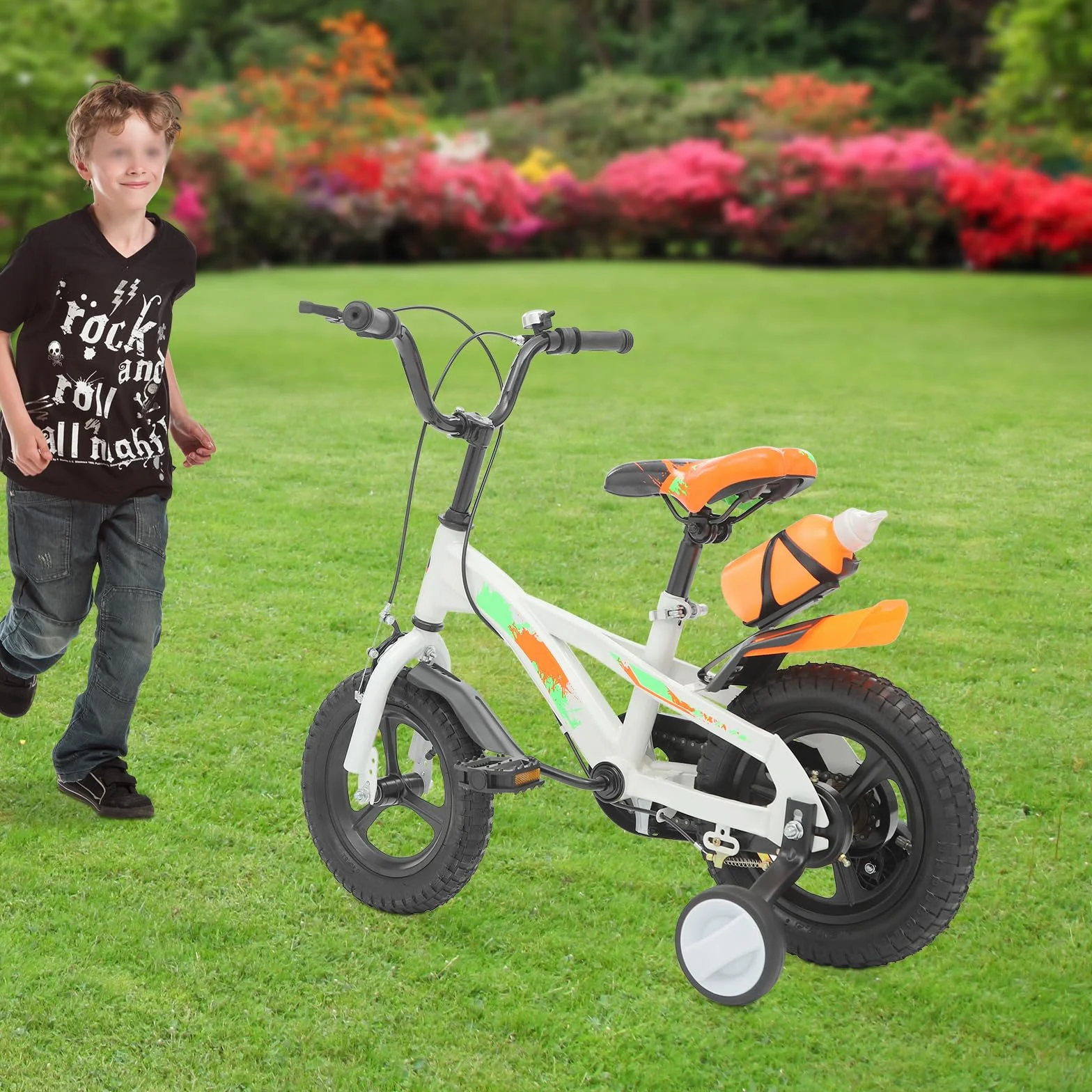 12 Zoll Kinderfahrrad, Tretfahrrad mit Wasserflasche, Trainingsfahrrad | Höhenverstellbar, Stützräder und Klingel für 2-5 Jahre Kinders