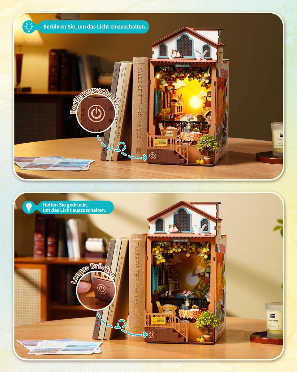 Rolife Book Nook Kit für Erwachsene Miniatur Haus Selber Bauen mit Licht Abendrot Insel Booknook Bausatz 3D-Holzpuzzle Bücherstütze für Regal Bibliothek Bücherregal Dekoration