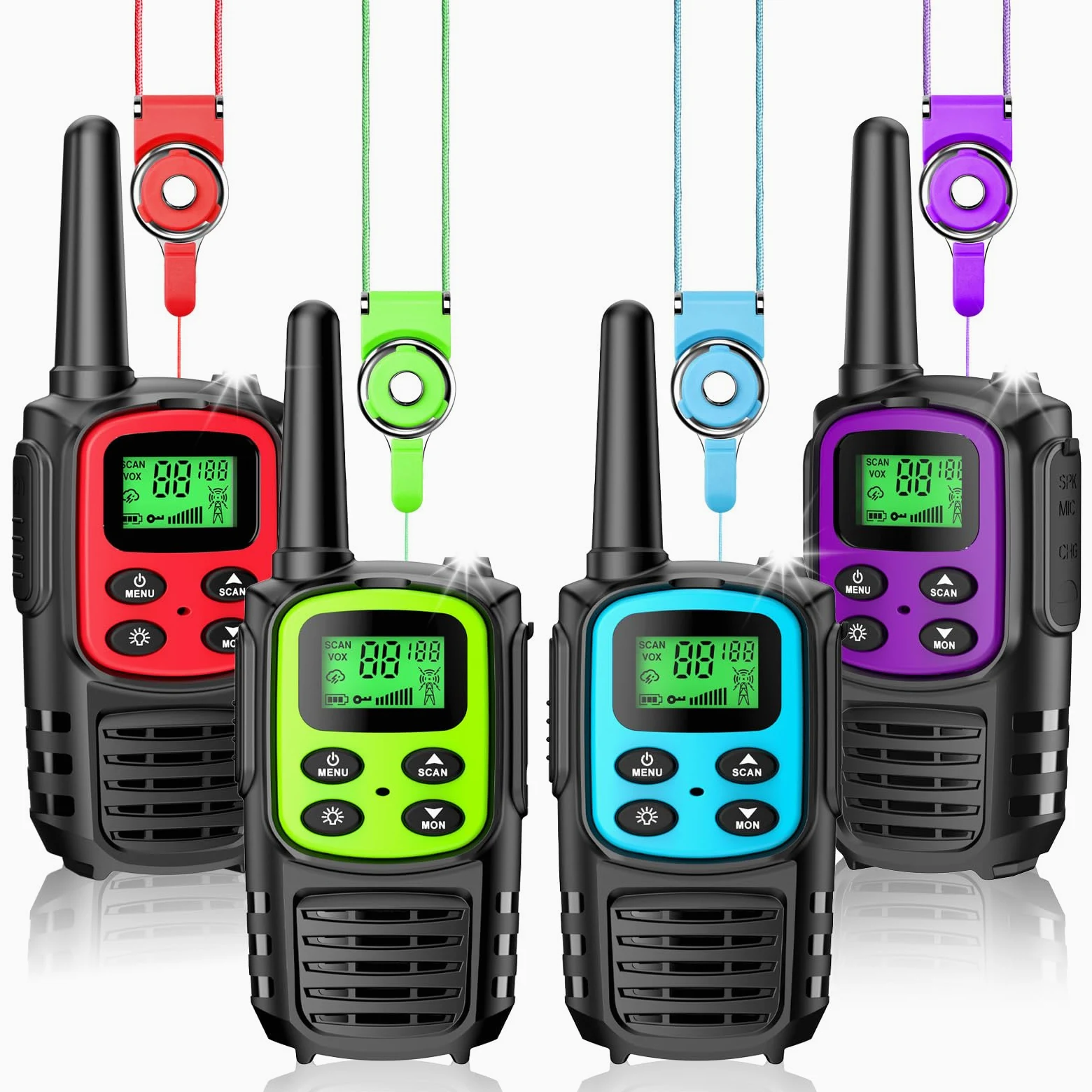 Walkie Talkie 4er Set, Walkie Talkies für Erwachsene Kinder 20 Kanal, mit 1200mAh Li-ion Akku/VOX/LED Taschenlampe/USB-C Kabel/5km Reichweite/Tastatursperre für Camping Wandern Geschenk