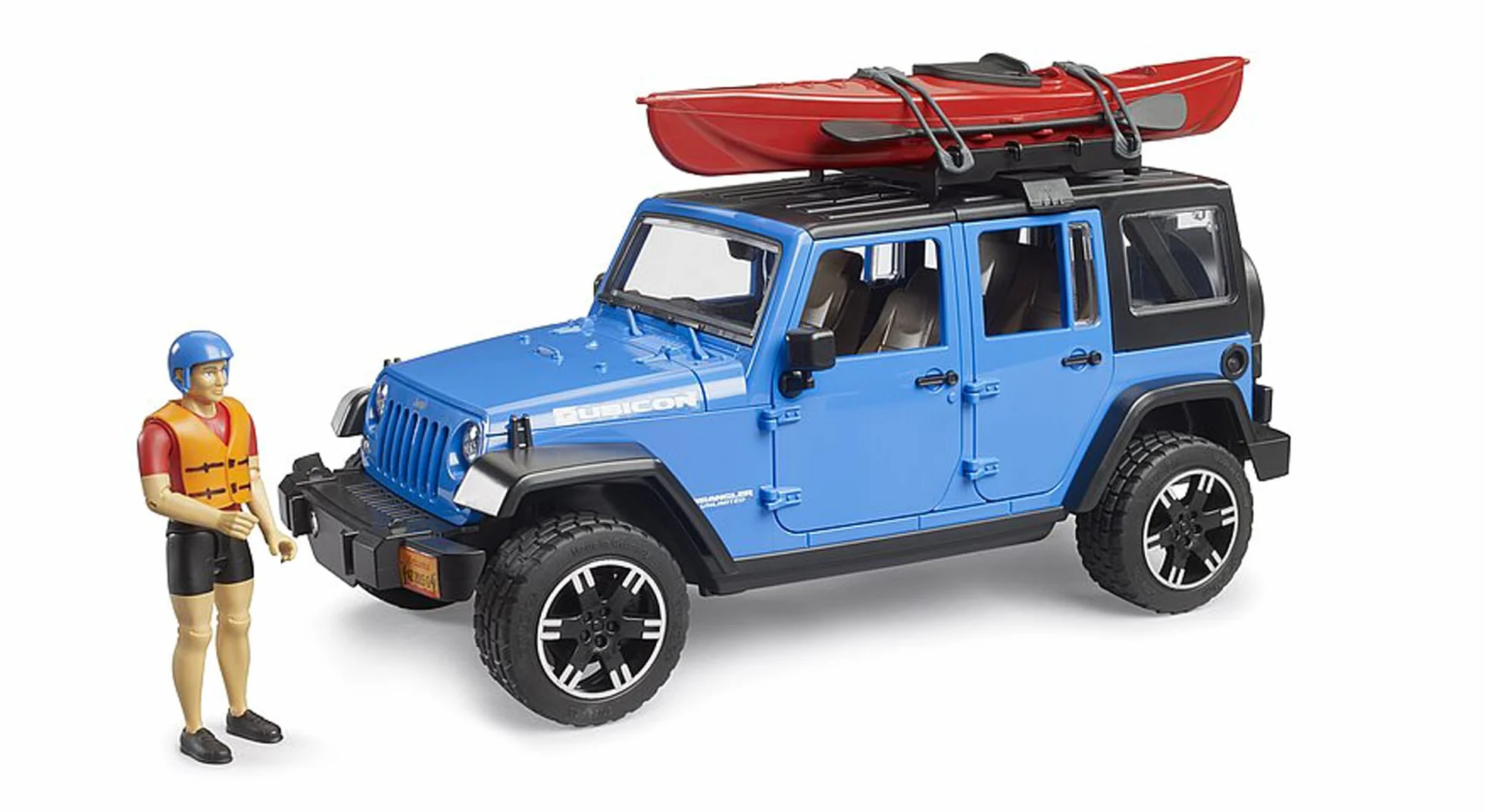 bruder 02529 - Jeep Wrangler Rubicon Unlimited mit Kajak & Figur - 1:16, Offroad Fahrzeug, Geländewagen, Auto, Spielzeug ab 4 Jahre