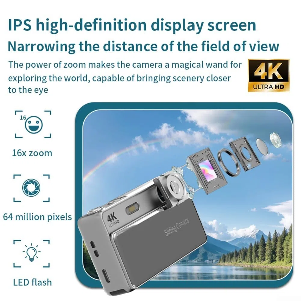 Kompakte Slider-Digitalkamera mit 64-MP-Sensor und 16-fachem Zoom, 4K-Videoaufnahme, Metall-ABS-Konstruktion, tragbares Slide-Design für Schüler und Anfänger (Rosa)
