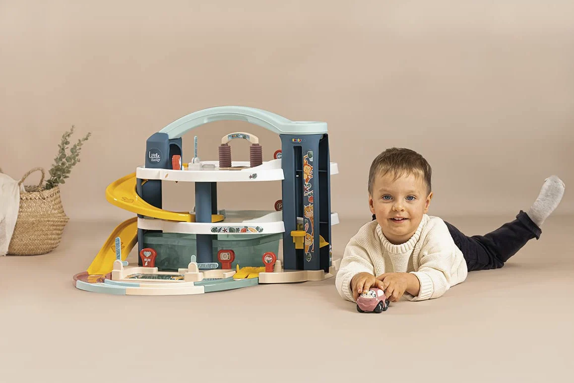 Smoby Toys - Little Smoby Parkhaus für Kinder ab 18 Monaten - große Parkgarage inkl. 1 Auto, 1 Hubschrauber, Aufzug und Zubehör