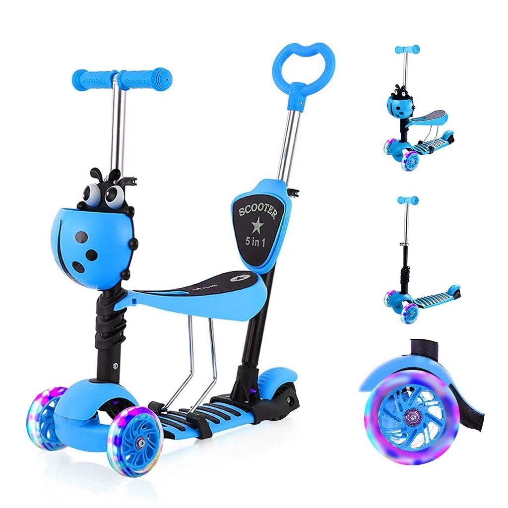 YOLEO 5-in-1 Kinder Roller Scooter mit Abnehmbarer Karikaturkorb Sitz Schubstange Große Räder Bequeme Rückenlehne Höheverstellbare Lenker für Kleinkinder Jungen Mädchen ab 2 Jahre (Blau)