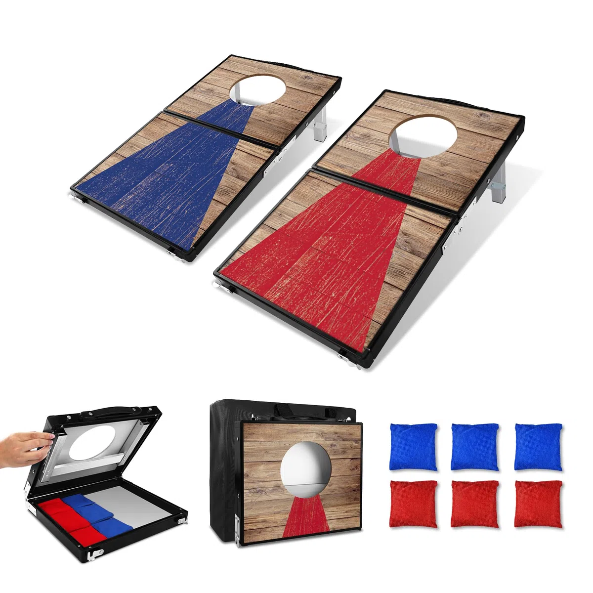 NZQXJXZ Langlebiges Aluminium Cornhole Spiel Outdoor Cornhole Säckchen mit 6 Bohnensäcke & Tragetasche für Hinterhof, Rasen, Strand 2-in-1 Camping Outdoor Spiel Set Kollabieren