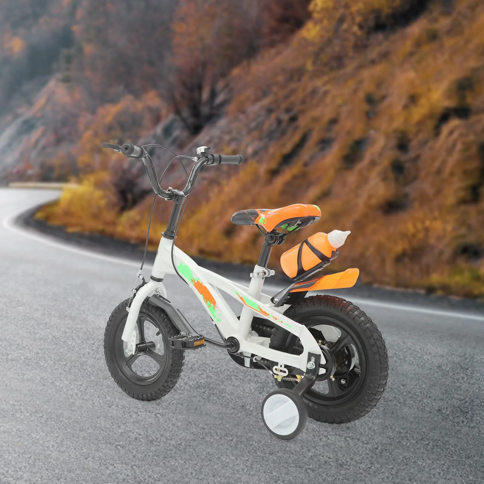 12 Zoll Kinderfahrrad, Tretfahrrad mit Wasserflasche, Trainingsfahrrad | Höhenverstellbar, Stützräder und Klingel für 2-5 Jahre Kinders