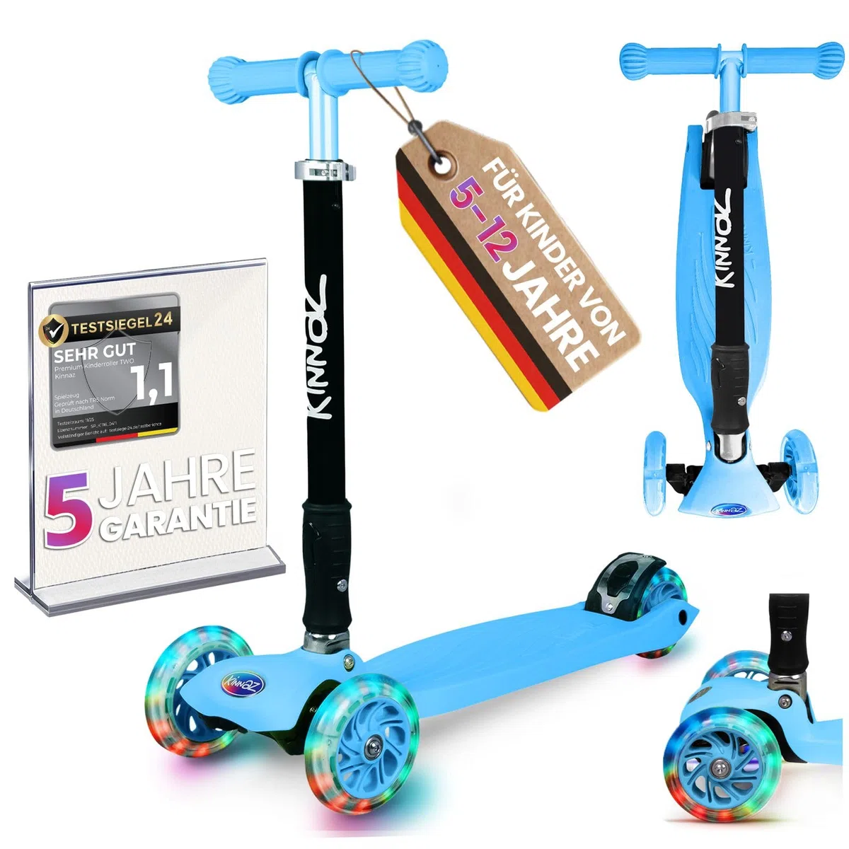 Kinderroller 5-12 Jahre kinnaz Two, Kinder Roller, Roller für Kinder ab 5 Jahre, faltbar, stufenlos Höhe einstellbar, LED Räder, Scooter, 6 7 8 9 Jahre, Schulkind, bekannt aus Focus, aus Hamburg