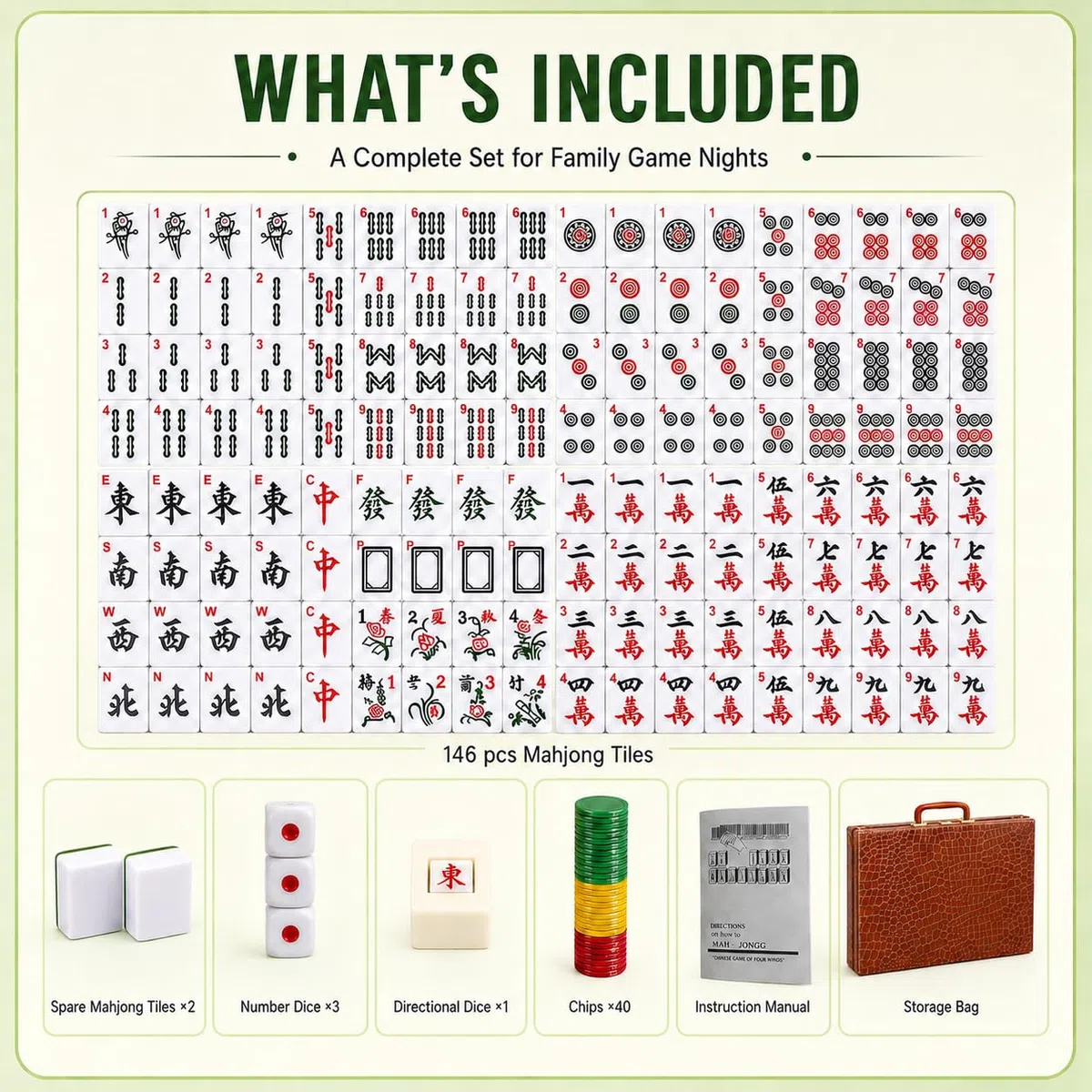 Mahjong Set Großes, Traditionelles Chinesisches Mahjong Set, 144 Majong Spielsteine, 30mm Mahjong Spielset mit Würfel, Chips, Aufbewahrungsbox, Arabische Ziffern für Reise Party Tischspie (gr)