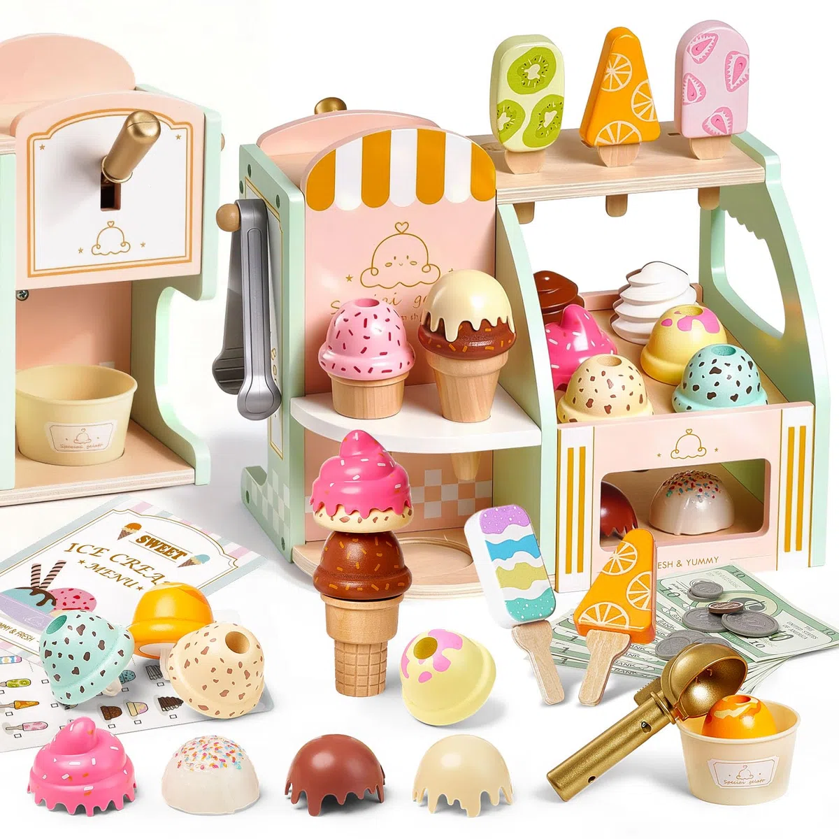 Holz-Eiscreme-Laden Spielzeug, 44-teiliges, Komplettes Set Mit Zangen, Eiskugeln und Zubehör, Für Kinder Ab 3 Jahren