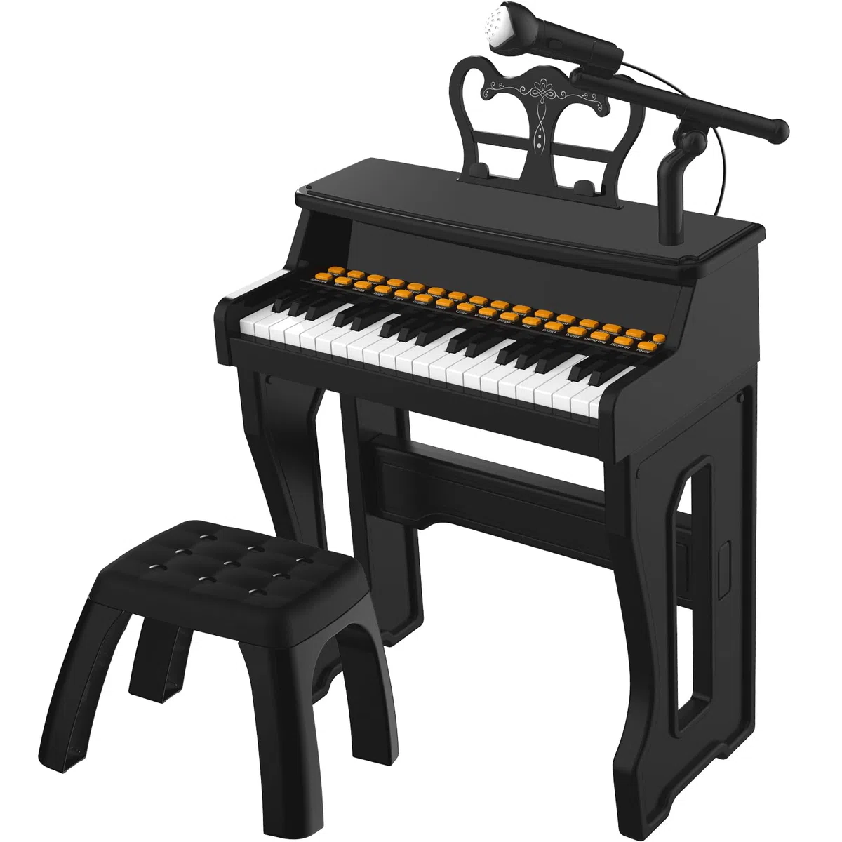 Kinder Klavier Keyboard Spielzeug, Kleinkind elektronische Musikinstrument Lernspielzeug mit Mikrofon und Hocker, Weihnachten Geburtstag Geschenk für 3+ Jahre alt (schwarz)