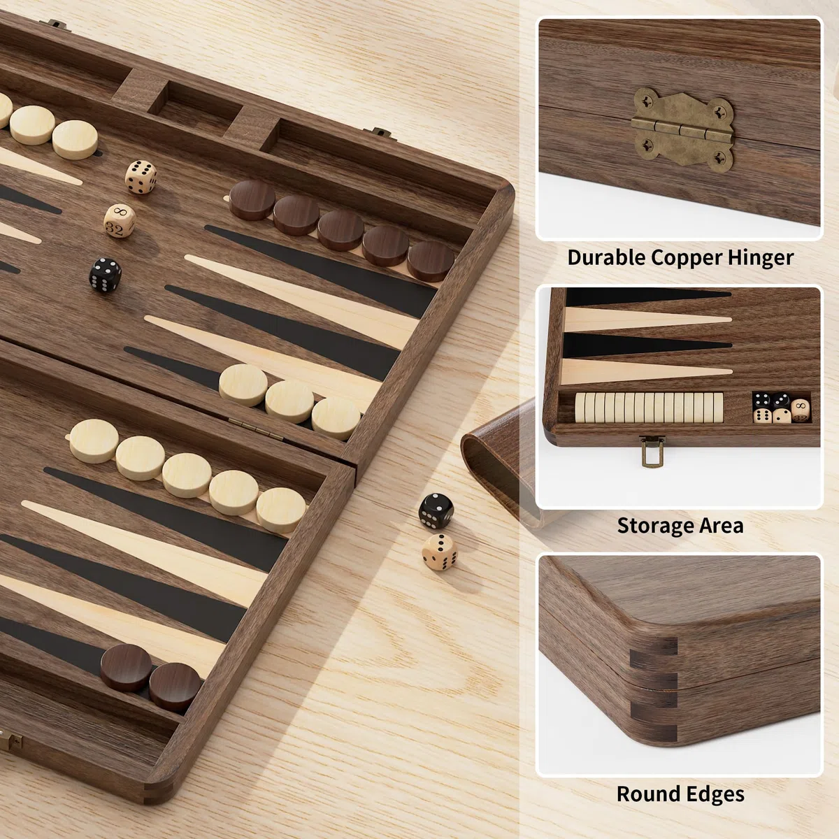 Premium Backgammon-Set aus Schwarznussbaumholz - Luxus-Reisespiel (Mit Würfeln & Verdoppler)