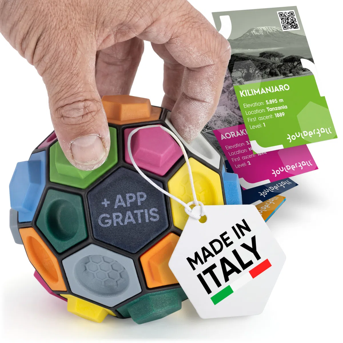 BOULDERBALL Basic I Spiel [ aus HÖHLE DER LÖWEN ] Geschenk für Kletterer Kletterball mit Klettergriffe - Spiele Klettern auf dem Ball - Kletterwand für unterwegs - Geschicklichkeitspiel + gratis App