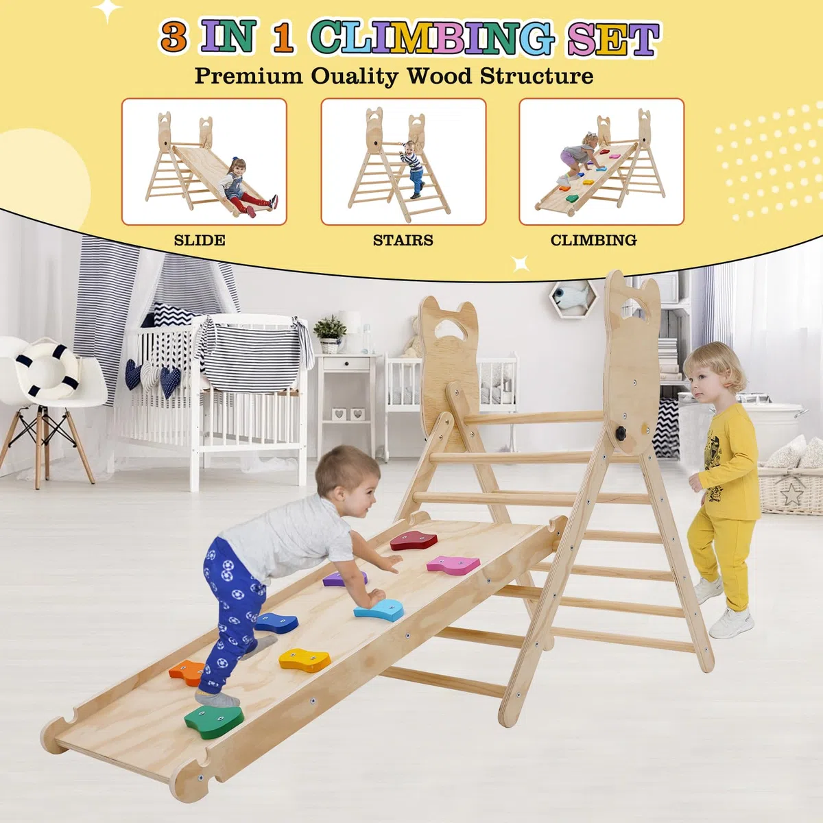 NUKied Kletterdreieck mit Rutsche,Faltbares Holz klettergerüst Indoor Set,Kleinkind Holzkletter Dreieck mit Schieberampe, Baby-Klettergerüst,kletterdreieck mit Rutsche für Kinder ab 3 Jahren