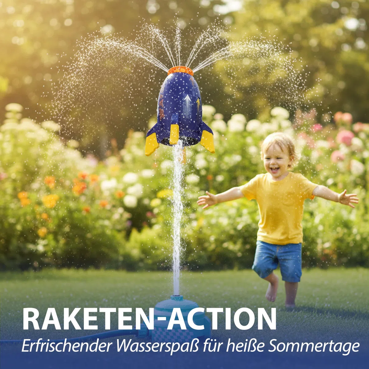 Wassersprinkler Rakete | Kunststoff 24cm Mehrfarbig | Base Schlauadapter Sticker | Kinderspielzeug Wasserfontäne Sommer | Spielgerät für den Garten