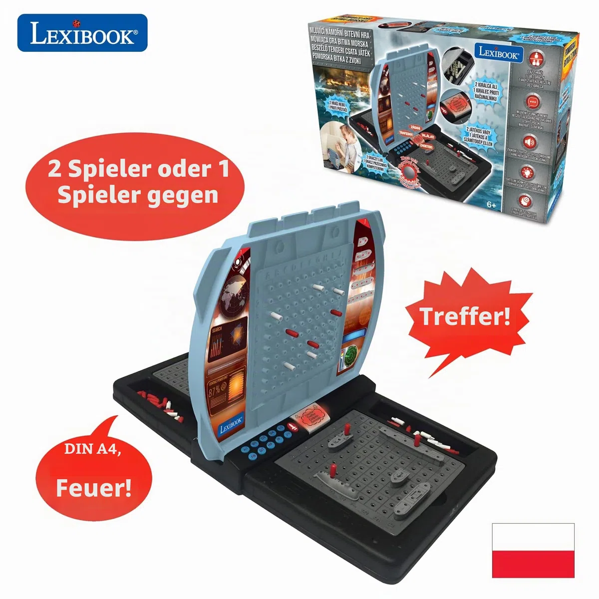 Lexibook, Sprechende Seeschlacht (Tschechisch, Polnisch, Ungarisch, Slowenisch), elektronisches Brettspiel 1 oder 2 Spieler, interaktiv, Licht- und Soundeffekte, Strategie, batteriebetrieben, GT2800i2