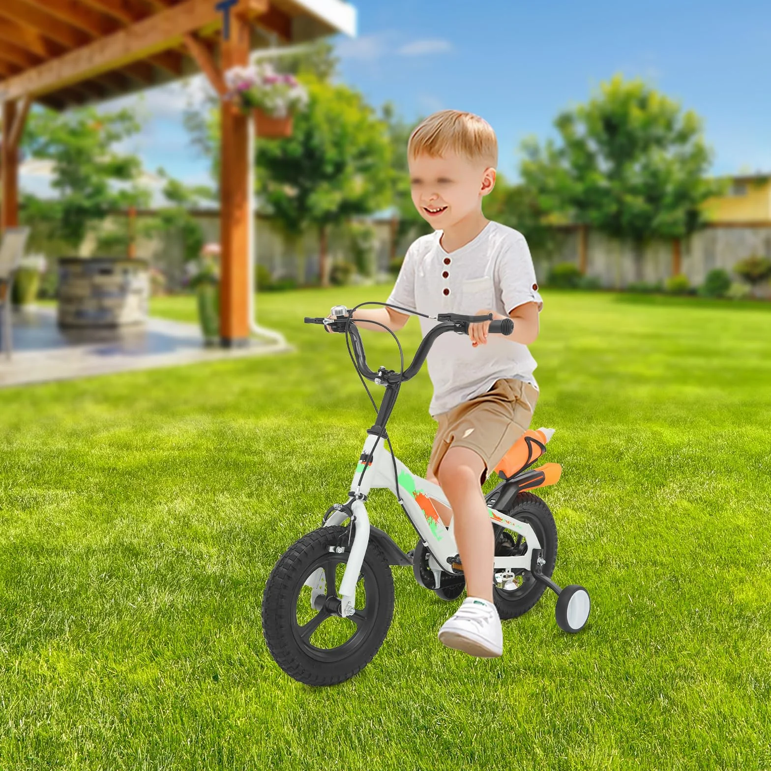 12 Zoll Kinderfahrrad, Tretfahrrad mit Wasserflasche, Trainingsfahrrad | Höhenverstellbar, Stützräder und Klingel für 2-5 Jahre Kinders