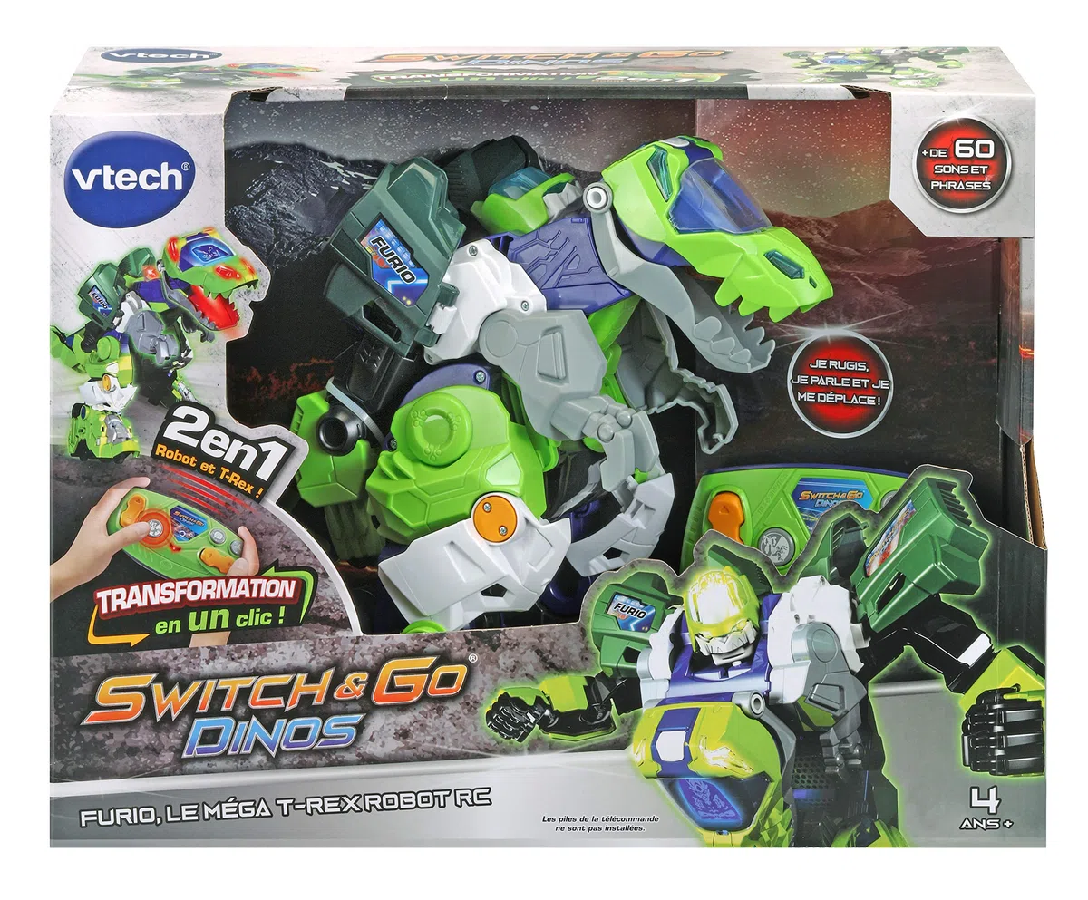VTech - Switch & Go Dinos, Maxi Dinosaurier mit Geräusch, Ferngesteuerter Furio, der Mega T-Rex Roboter, 2-in-1-Spielzeug, umwandelbar mit 1 klick, Geschenk für Kinder ab 4 Jahren – Inhalt auf