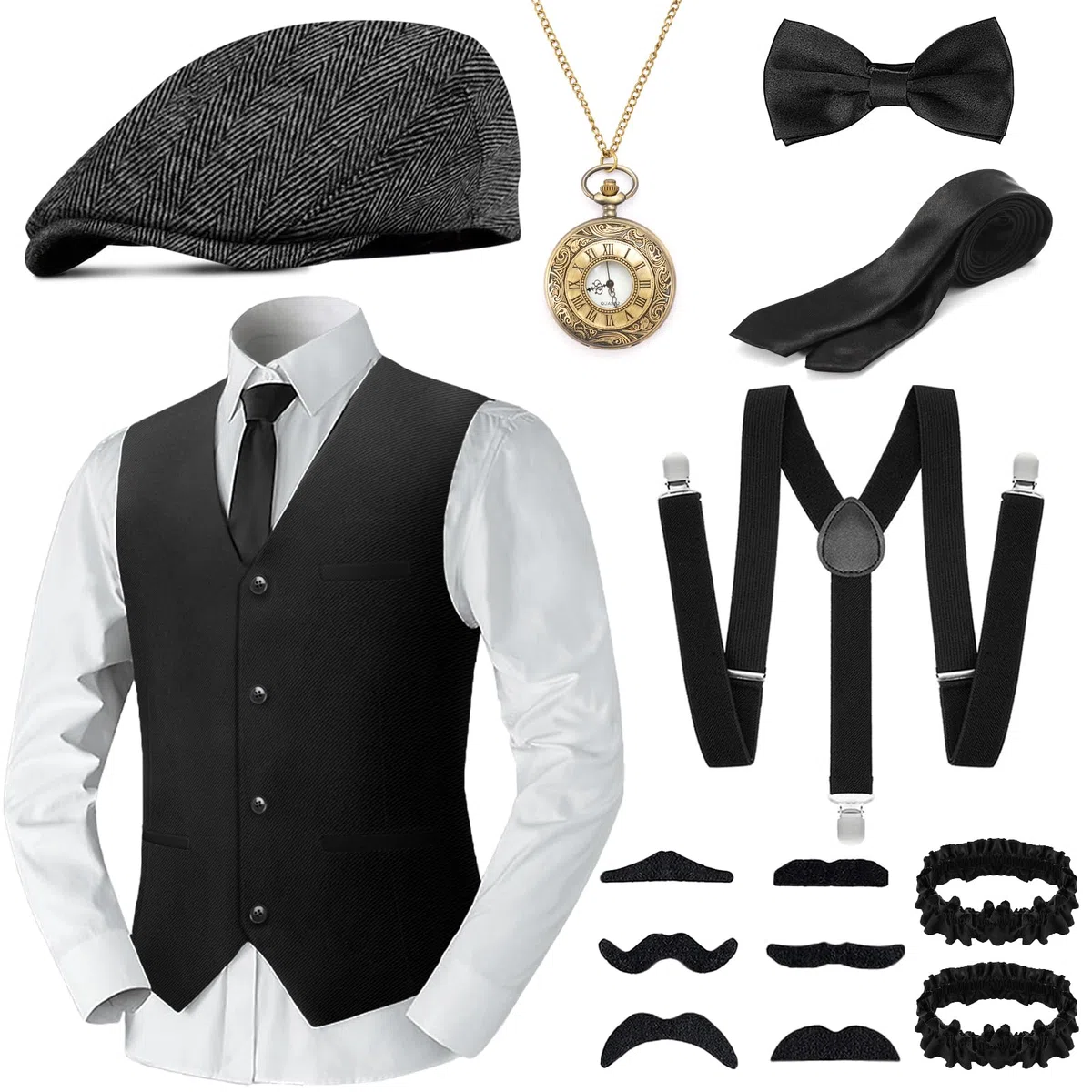 WEARXI 20er Jahre Kostüm Herren, Karneval Kostüm karnevalskostüm Herren mit Weste Hosenträger Hut Krawatte Taschenuhr Kunstbart, Mafia 20er Jahre Accessoires Fasching Anzug Kleidung für Partys