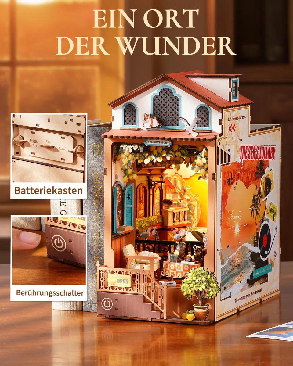 Rolife Book Nook Kit für Erwachsene Miniatur Haus Selber Bauen mit Licht Abendrot Insel Booknook Bausatz 3D-Holzpuzzle Bücherstütze für Regal Bibliothek Bücherregal Dekoration