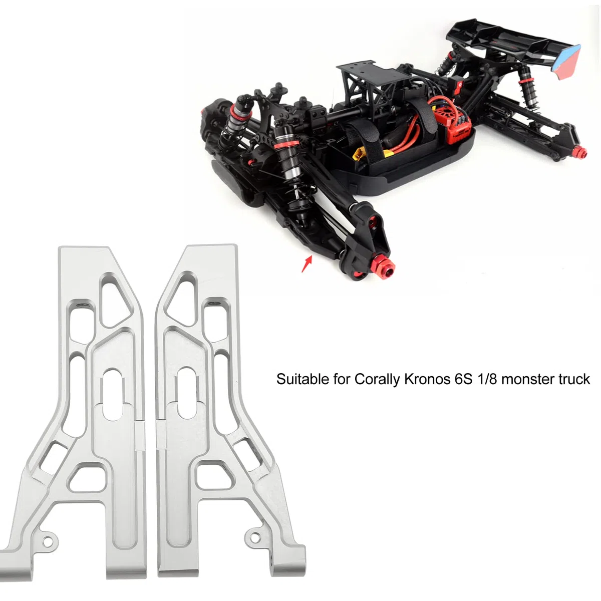 2 Stück RC-Vorderachse mit unteren Schwingen, silberne Aluminiumlegierungs-Aufhängungsarme für Corally Kronos 6S 1/8 Monstertruck, Metall-Ersatz-Arme mit verbesserter Haltbarkeit