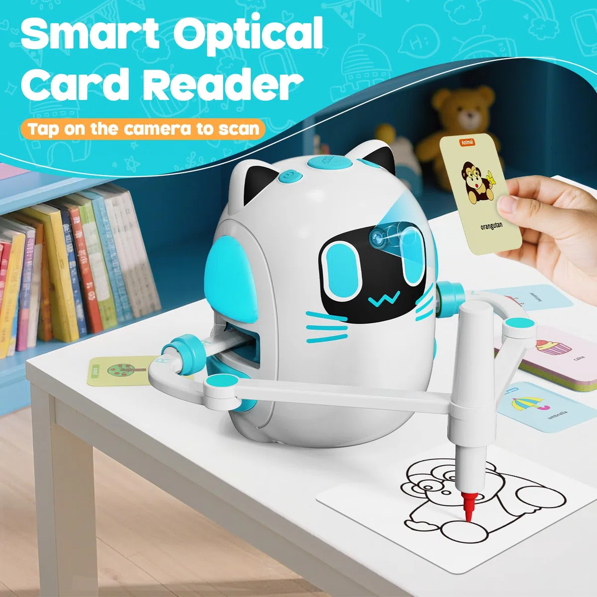 Intelligenter Zeichenroboter für Kinder mit Kameraerkennung – Zeichenprojektor für Kinder 3+ Jahre, Interaktiver Bildungs Roboter mit 150 Karten & 12 Bunten Stiften, Kinder