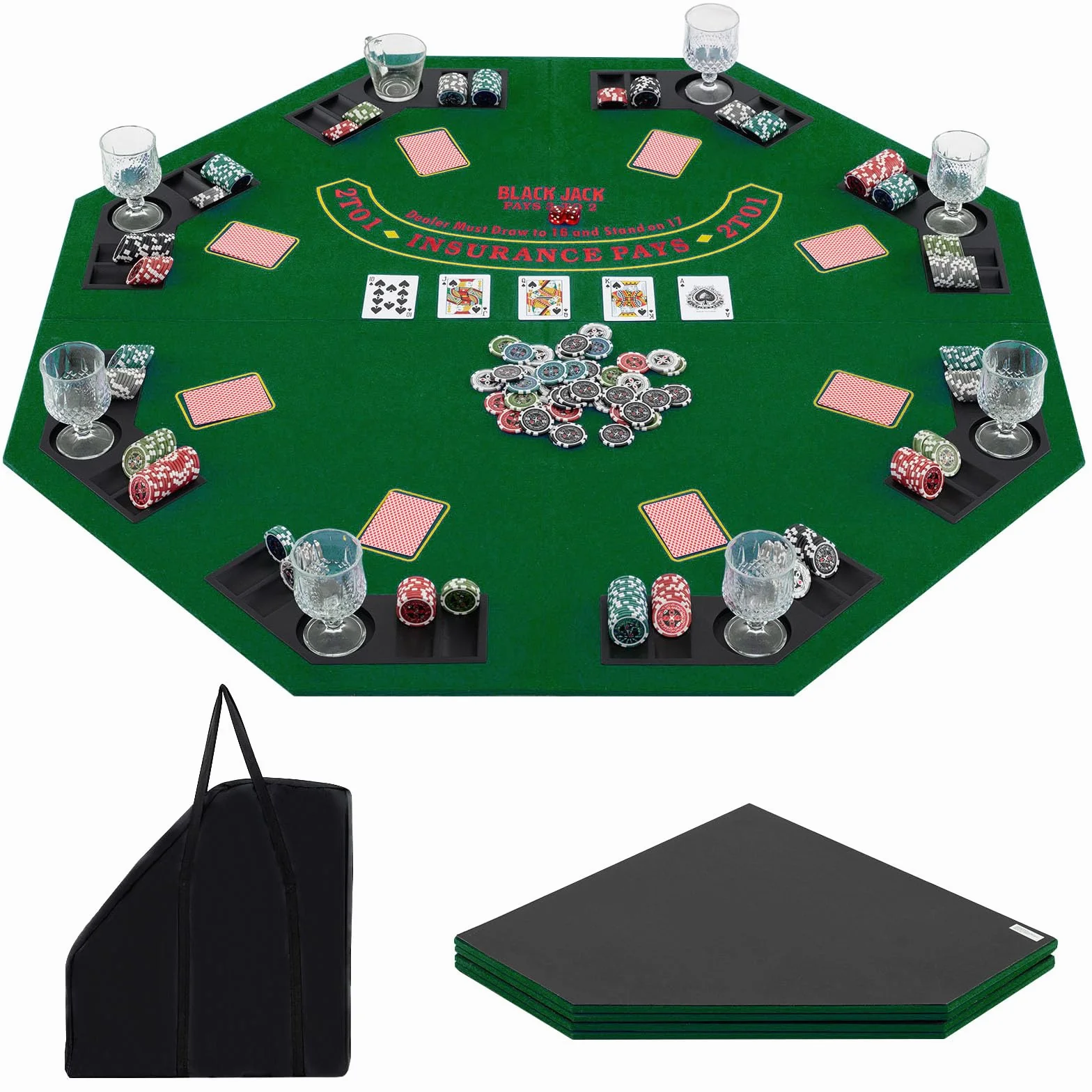 COSTWAY Pokermatte 120 x 120 cm, Texas Holdem, Pokertisch-Auflage faltbar für 8 Spieler mit Getränkehaltern, Pokerteppich mit Tragetasche, Pokerauflage achteckig, Grün