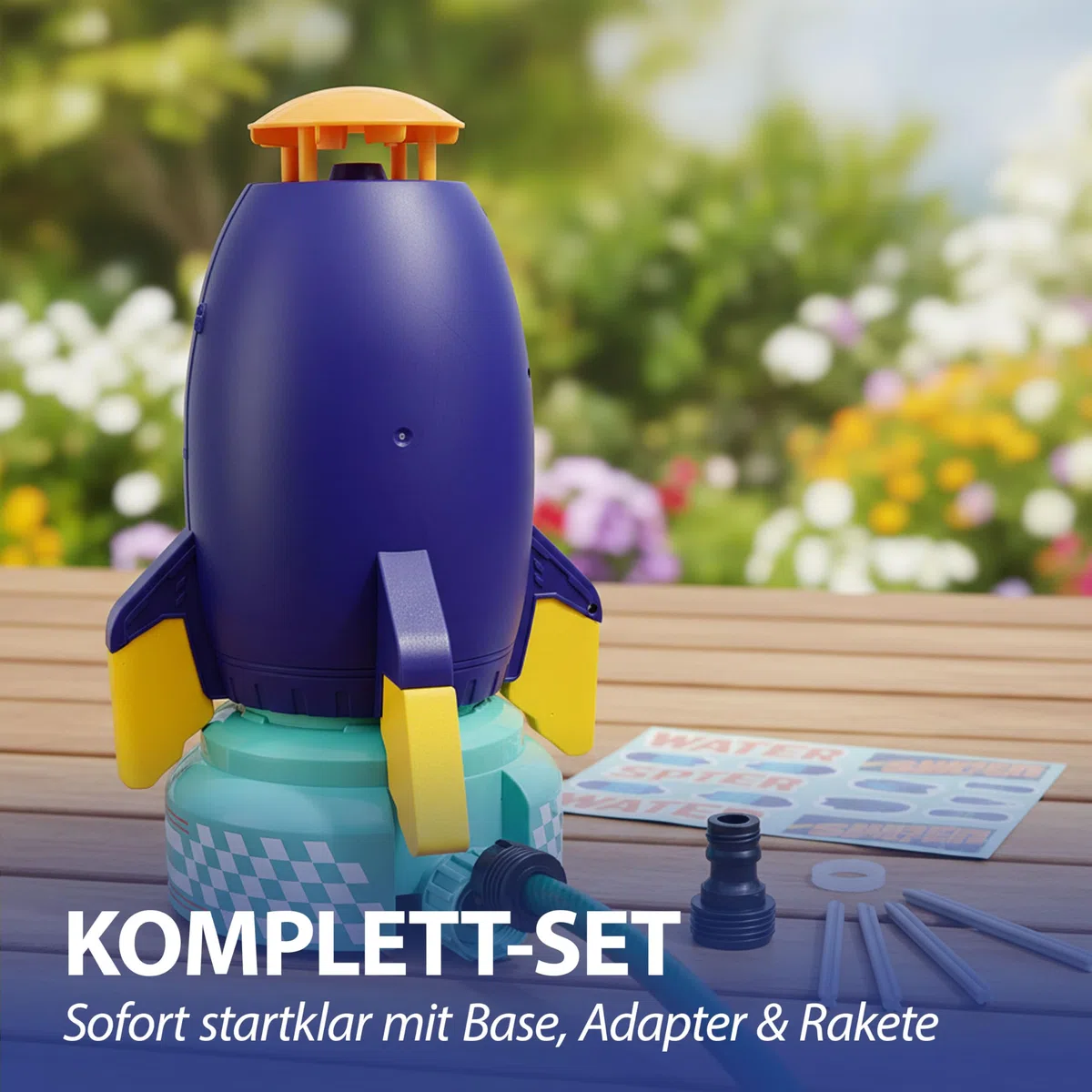 Wassersprinkler Rakete | Kunststoff 24cm Mehrfarbig | Base Schlauadapter Sticker | Kinderspielzeug Wasserfontäne Sommer | Spielgerät für den Garten