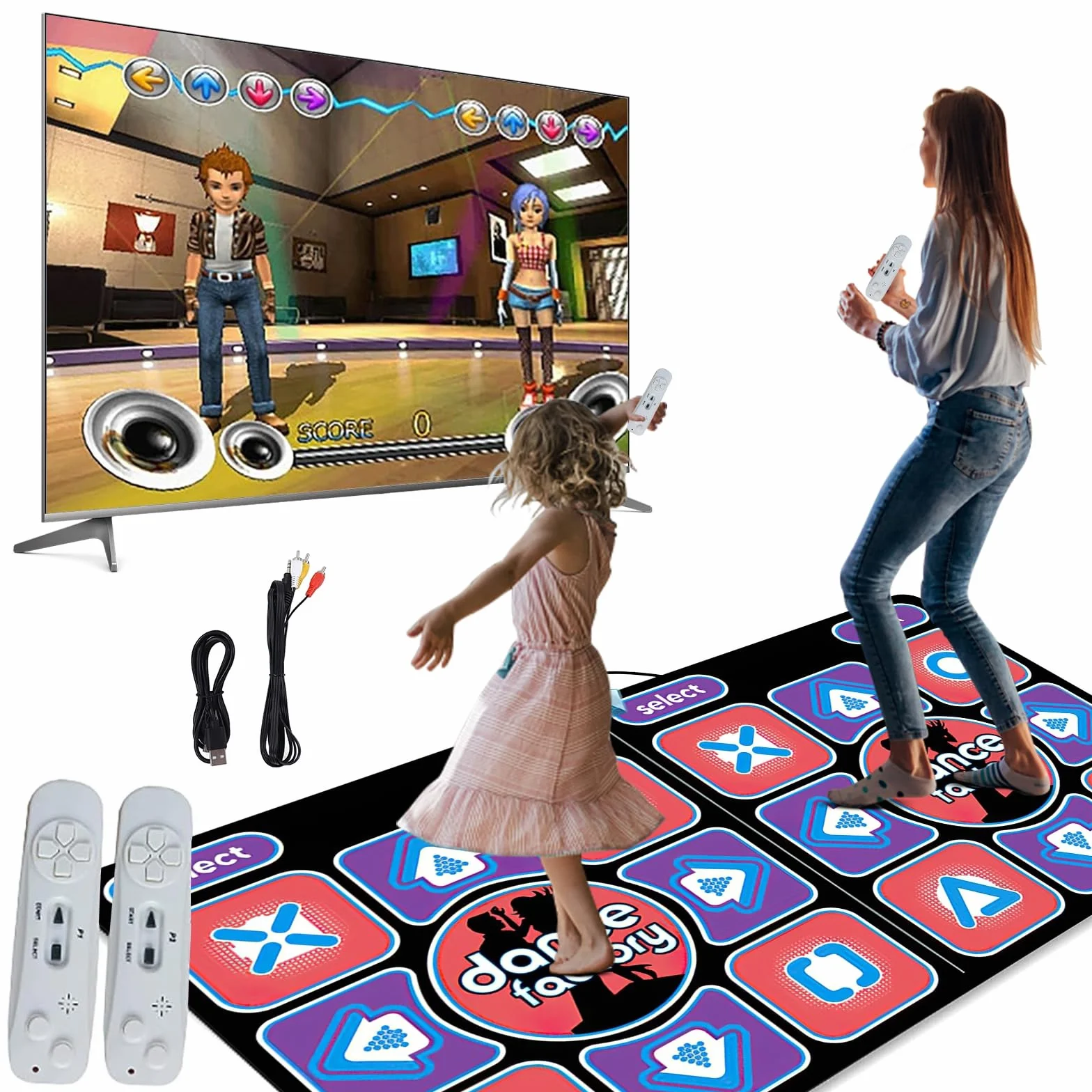 Tanzmatte 2-in-1 für TV und PC, doppelte Tanzmatte für Kinder und Erwachsene, interaktives D-Henkel-Top mit 2 Spiel-Controllern, 100 Liedern und 65 Spiele, für Fitness, Tanz und Familienfeier (A)