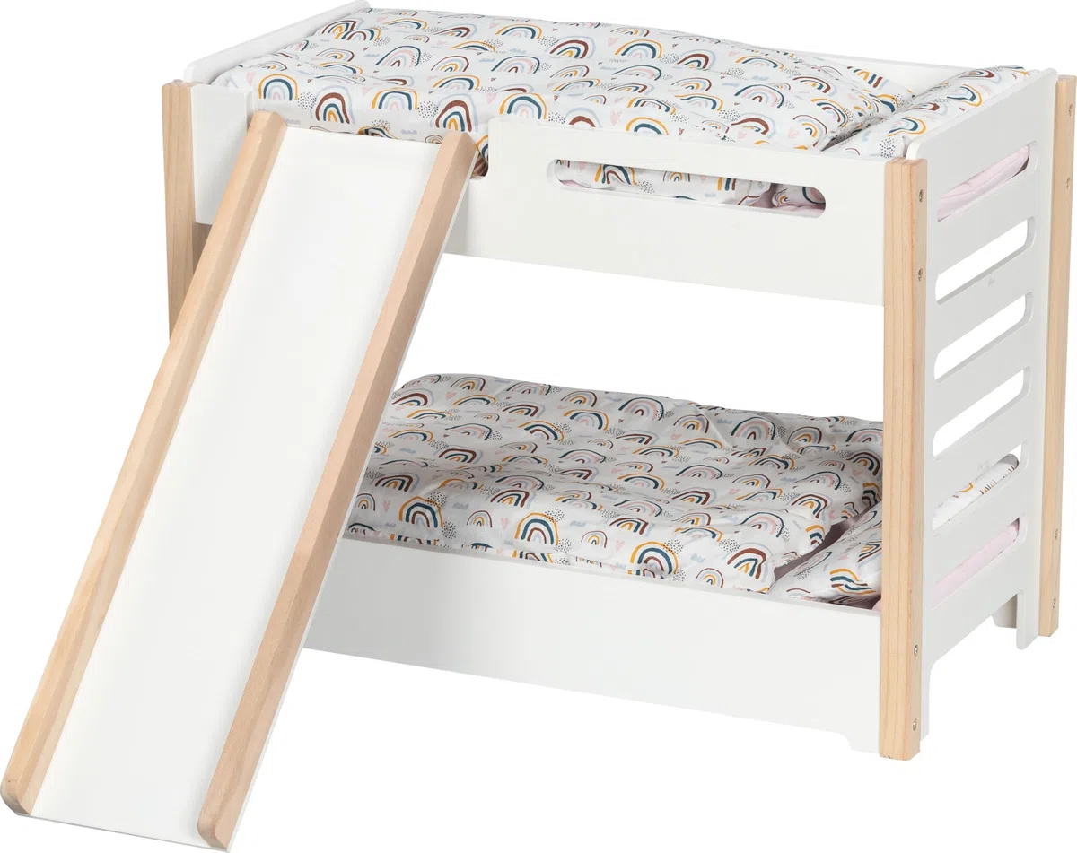 goki 51451 - Puppen-Etagenbett aus Holz, inklusive Rutsche für das Stockbett, ideales Zubehör für das Puppenzimmer, stabil und langlebig im Kinderzimmer, 52 x 28 x 39cm, ab 3 Jahre