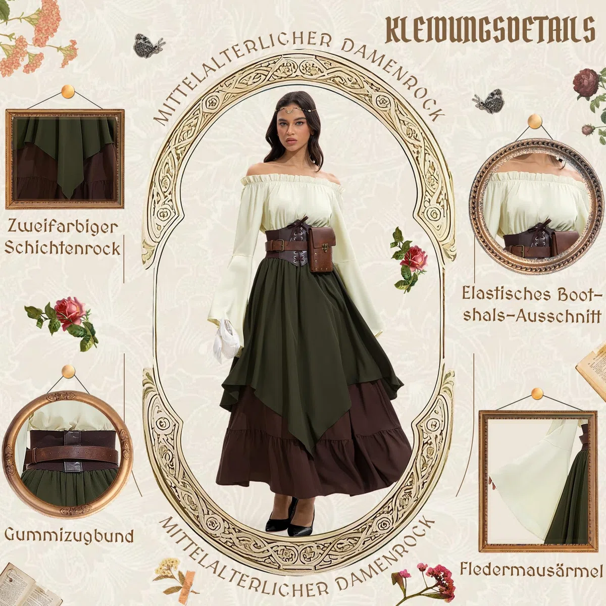 Mittelalter Kleidung Damen, Renaissance Kleid Damen und Off Shoulder Bluse mit Corsett, Gürteltasche, Kopfschmuck, Gürtel, Viktorianisches Kostüm für Halloween Karneval