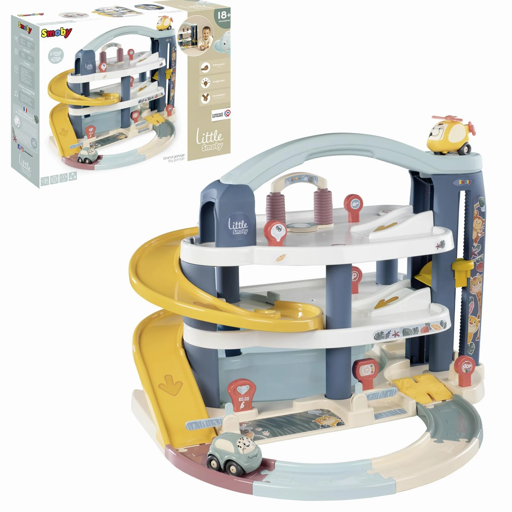 Smoby Toys - Little Smoby Parkhaus für Kinder ab 18 Monaten - große Parkgarage inkl. 1 Auto, 1 Hubschrauber, Aufzug und Zubehör