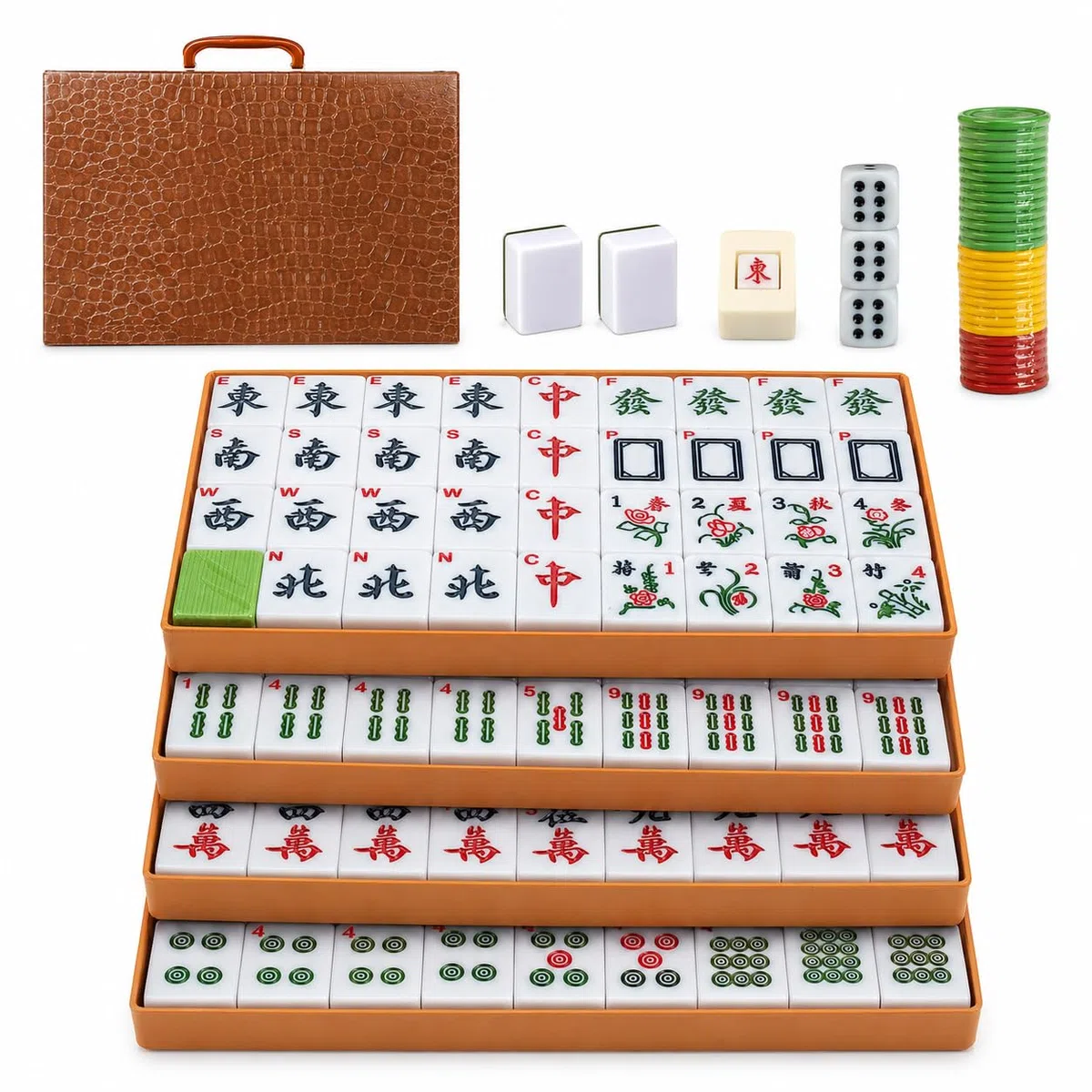 Mahjong Set Großes, Traditionelles Chinesisches Mahjong Set, 144 Majong Spielsteine, 30mm Mahjong Spielset mit Würfel, Chips, Aufbewahrungsbox, Arabische Ziffern für Reise Party Tischspie (gr)