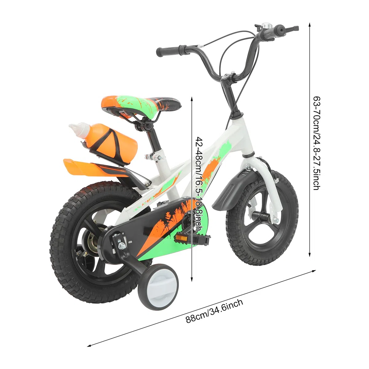 12 Zoll Kinderfahrrad, Tretfahrrad mit Wasserflasche, Trainingsfahrrad | Höhenverstellbar, Stützräder und Klingel für 2-5 Jahre Kinders