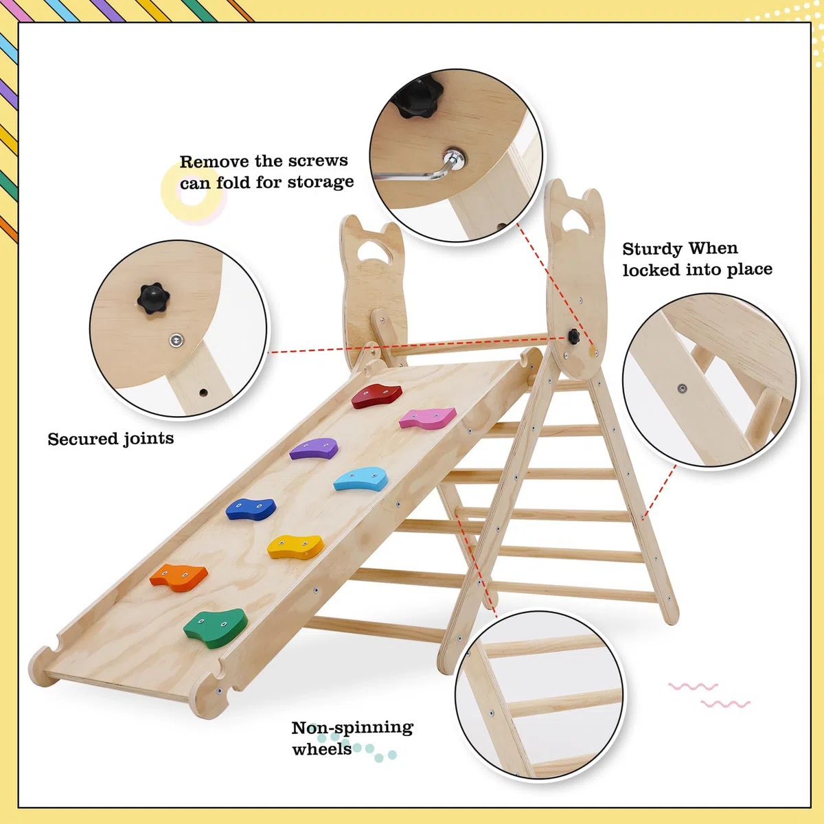 NUKied Kletterdreieck mit Rutsche,Faltbares Holz klettergerüst Indoor Set,Kleinkind Holzkletter Dreieck mit Schieberampe, Baby-Klettergerüst,kletterdreieck mit Rutsche für Kinder ab 3 Jahren