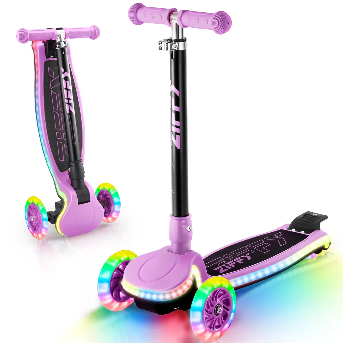 ZIFFY Kids Scooter for Boys & Girls LED Light-Up Wheels, 4 Adjustable Height Handlebars, and Lean-to-Steer Design with Anti-Slip Wide Deck for Stability - Up to 110LBS
