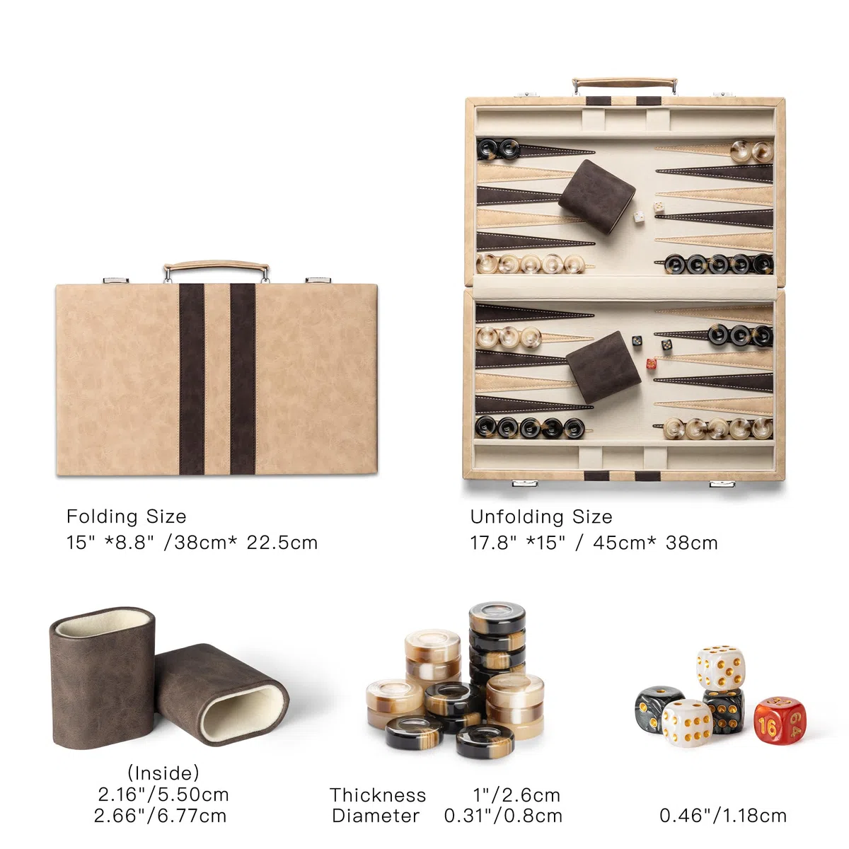 Backgammon-Sets für Erwachsene, 46cm x 38cm klassisches Brettspiel mit faltbarem Leder-Backgammon-Etui, Kunstleder-Außenseite und Samt-Innenseite, tragbares Reisespiel-Set (Brown)